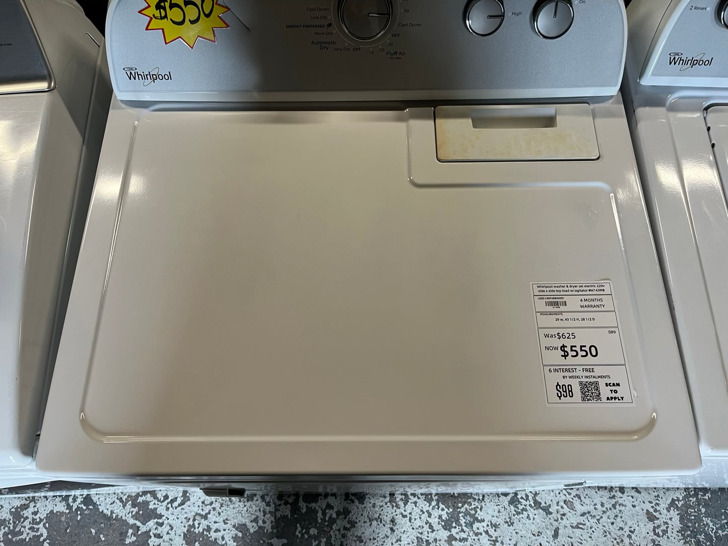 - Whirlpool washer & dryer set electric 220v side x side top load w/agitator #W143MB