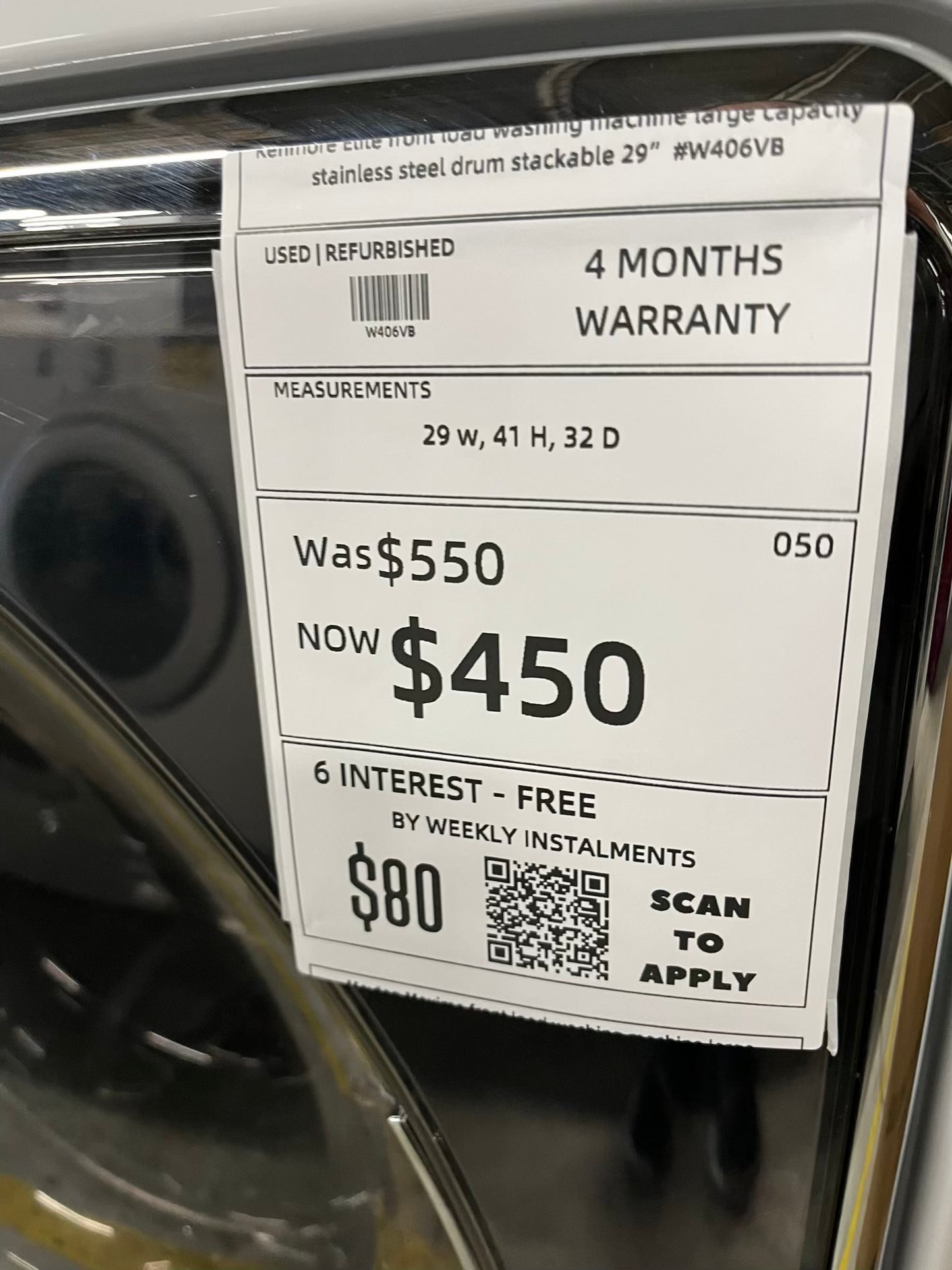 Kenmore Elite front load washing machine large capacity stainless steel drum stackable 29" #W406VB