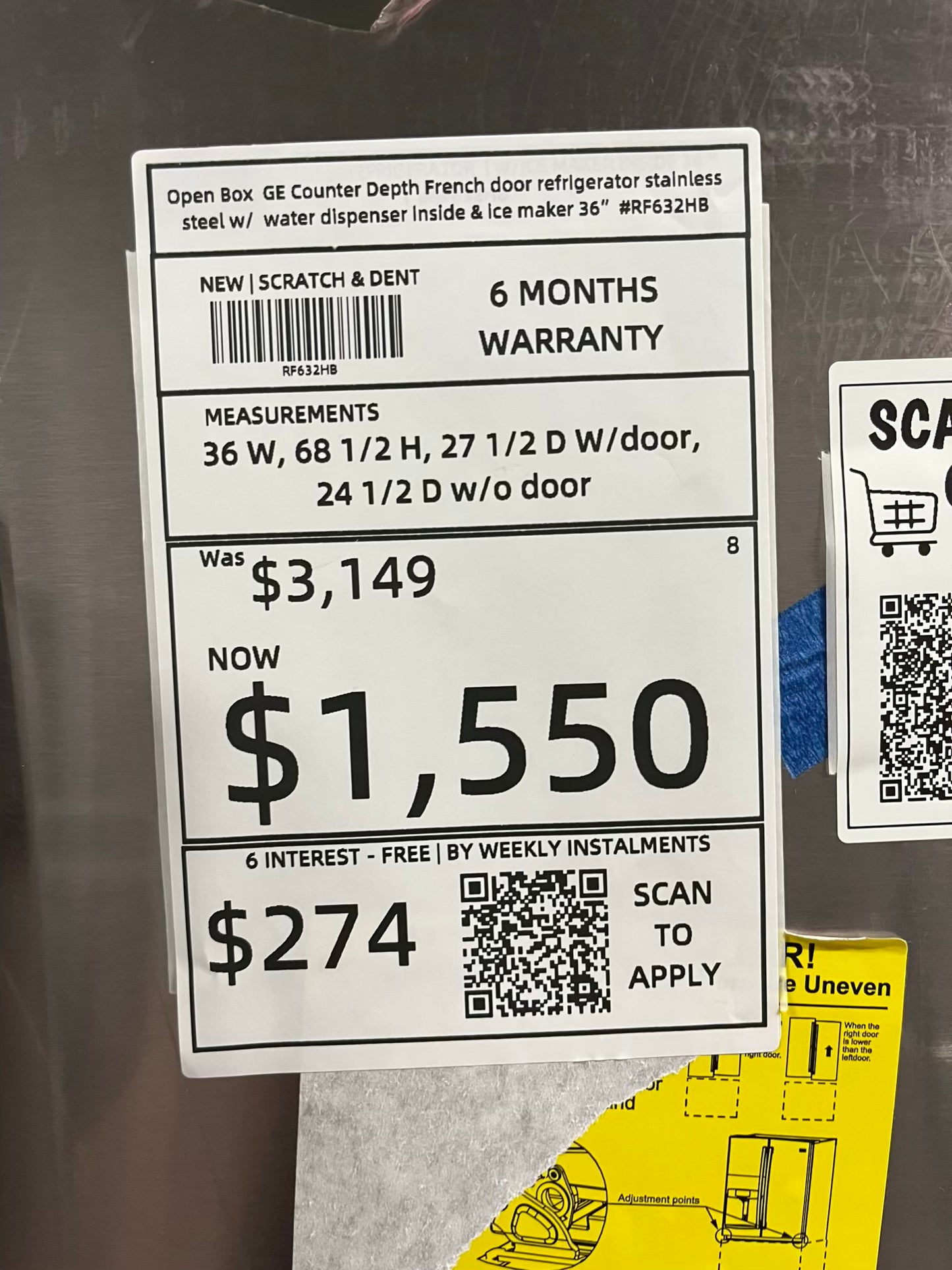 Open Box 📦 GE French Door Counter Depth Refrigerator stainless steel w/ice maker & water dispenser inside - Item number #RF632HB 36” in