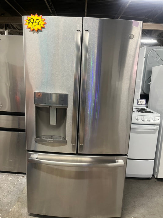 *Used | Refurbished GE profile 36” 28cu.ft. French door refrigerator stainless steel w/ice water dispenser 36" stock number #RFGE22B