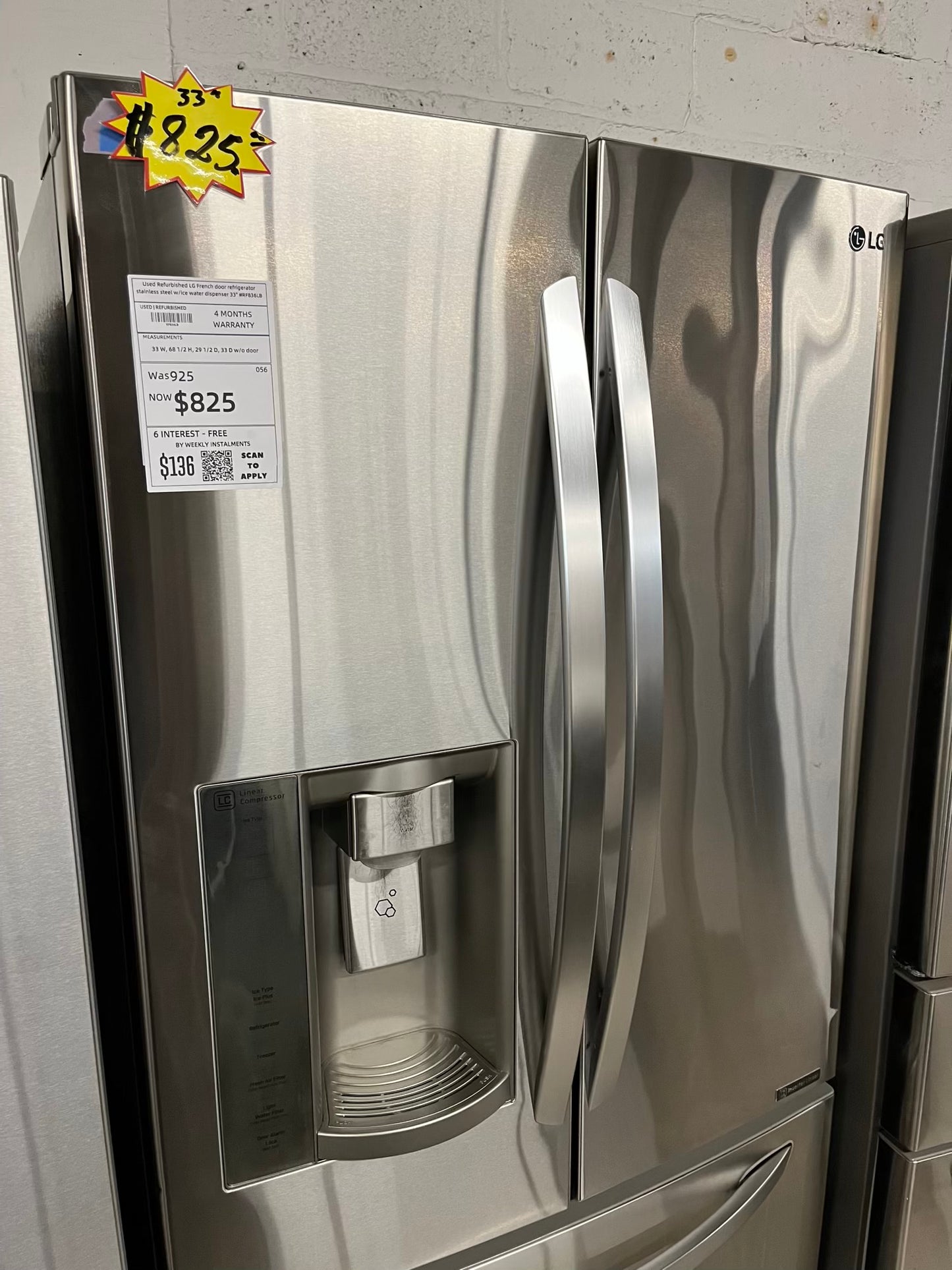 Used Refurbished LG French door refrigerator stainless steel w/ice water dispenser 33" #RF836LB-TR