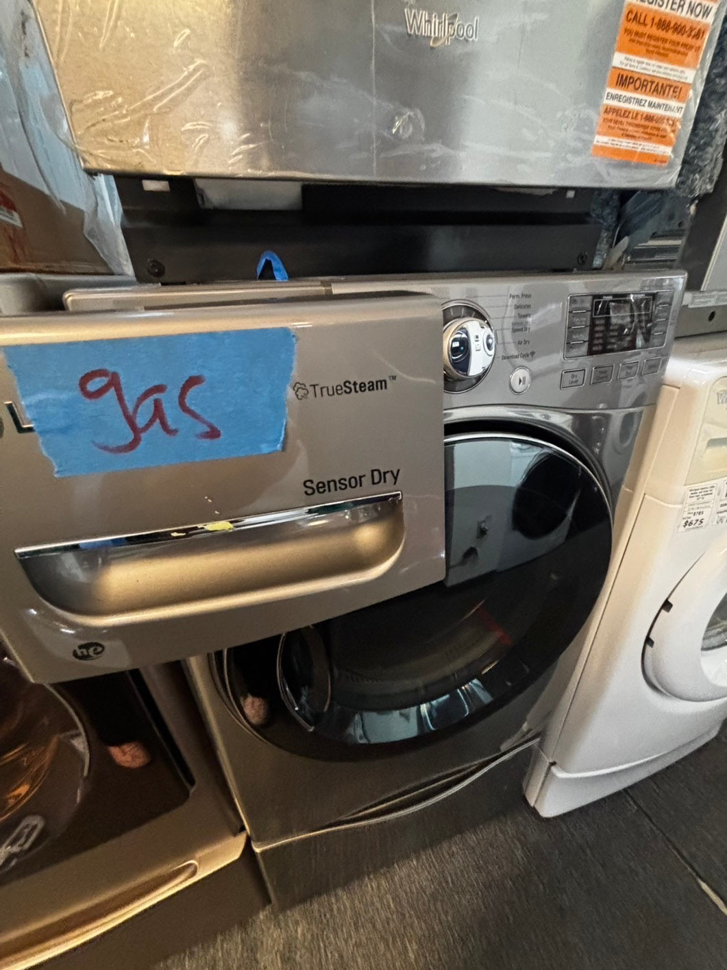 -LG GAS Dryer front load w/pedestal extra storage 27" in used -Refurbished. #GD7833JL