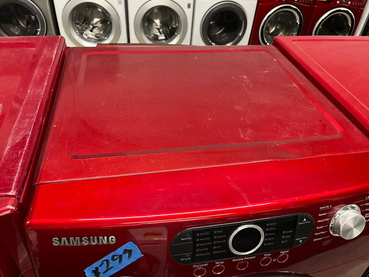Samsung Dryer electric 220v in red front load w/pedestal extra storage stainless steel drum large capacity 27" refurbished #ED343SB