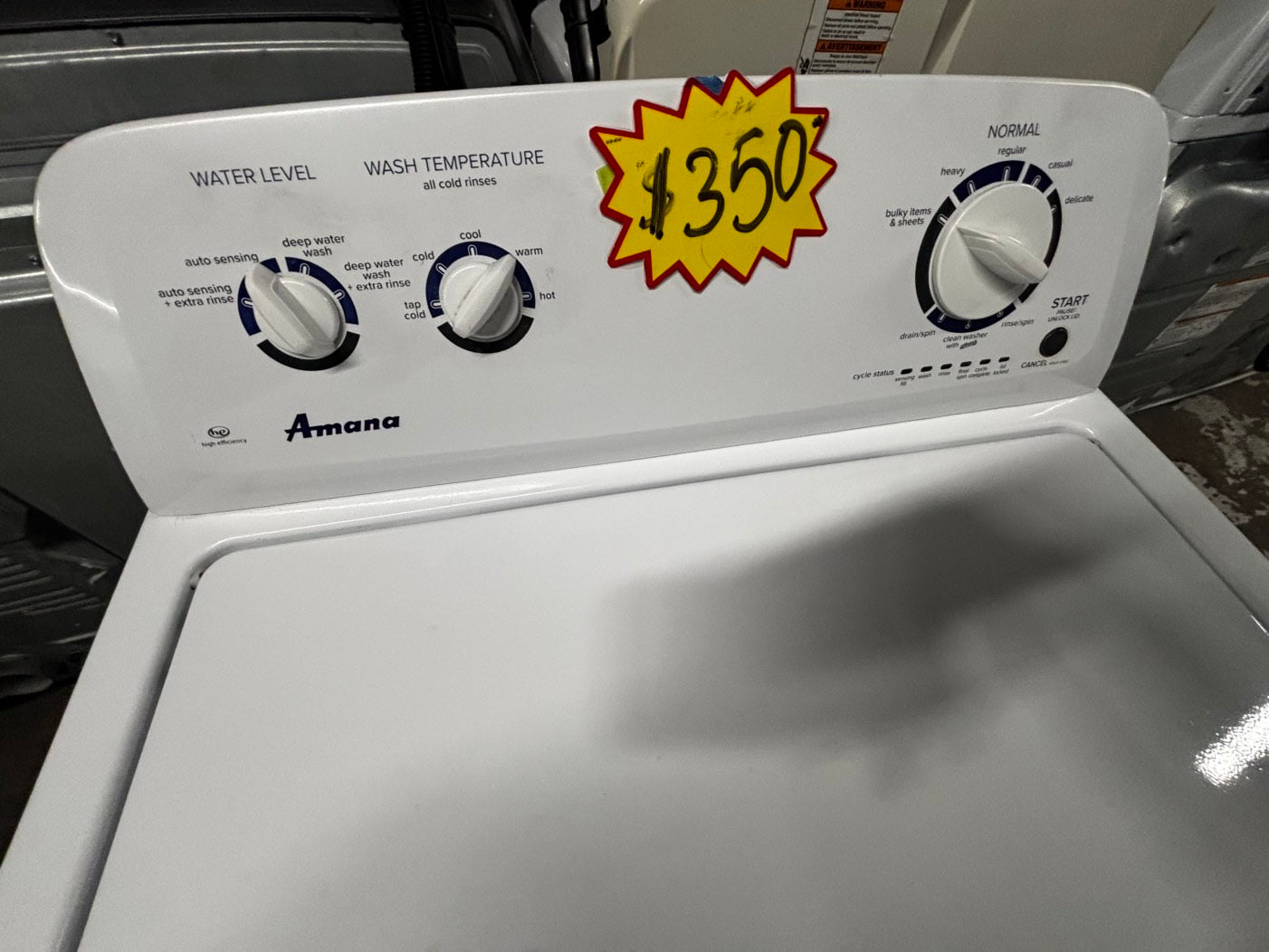 Amana 3.5 cu. ft. Top Load Washer has a Deep Water Wash option that fills the porcelain tub wash basket with more water to help break down loose soils. It also has a heavy-duty cycle for deep stains TWAM377WL