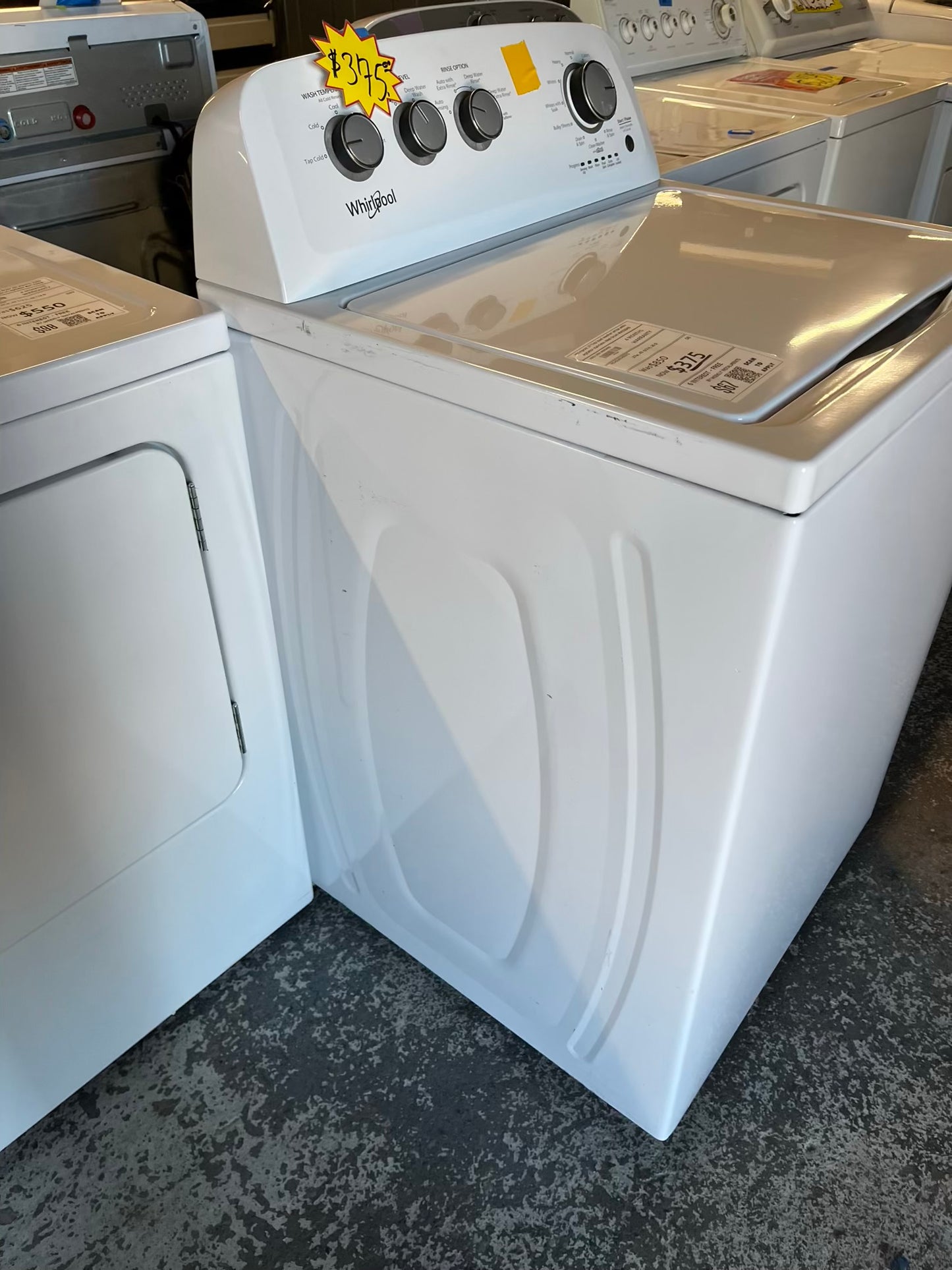 Whirlpool top load washing machine stainless steel drum w/agitator & side x side electric 220v dryer in white 29" #ED501UB