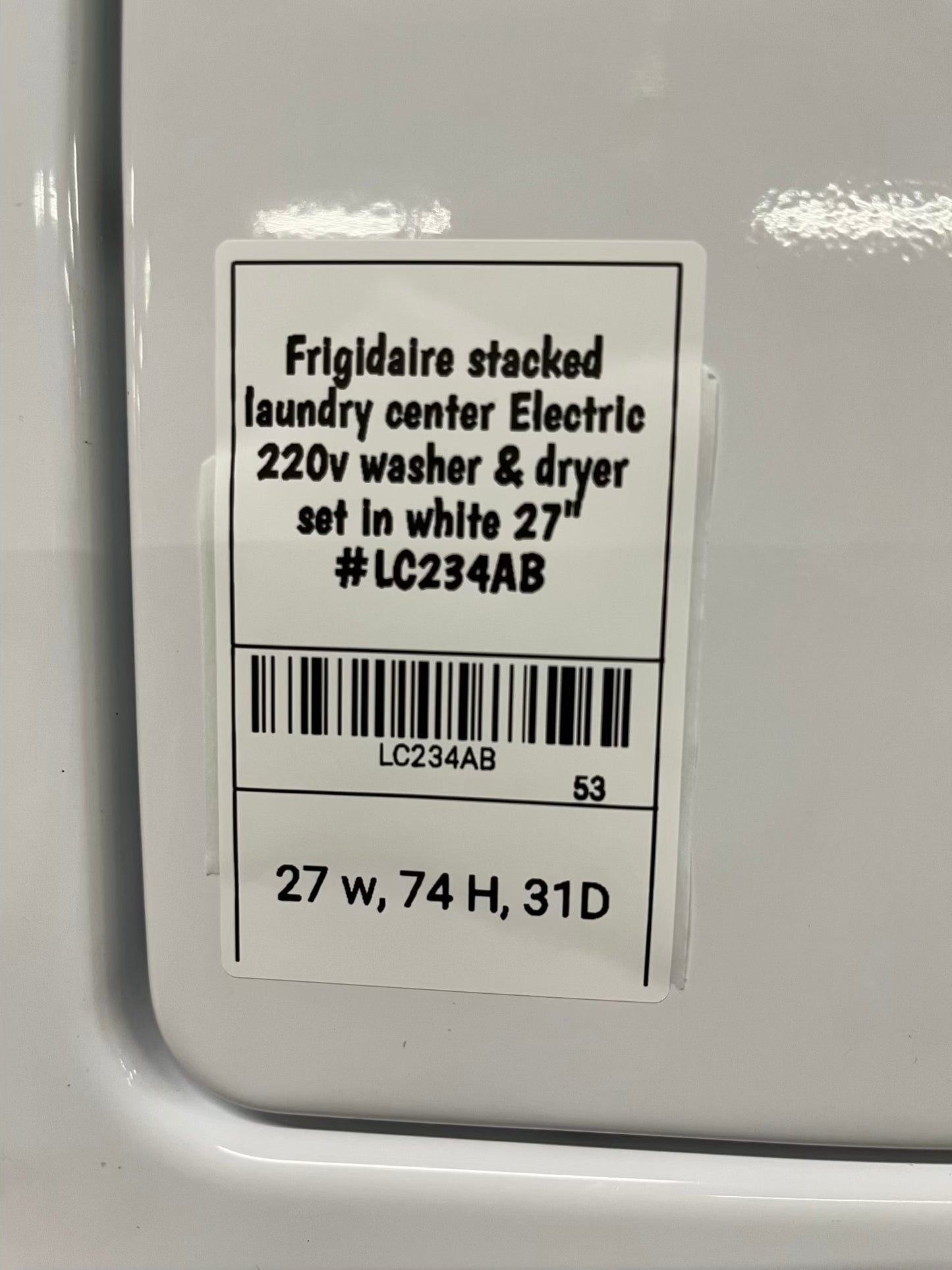 -Frigidaire stacked laundry center Electric 220v washer & dryer set in white 27" #LG234AB