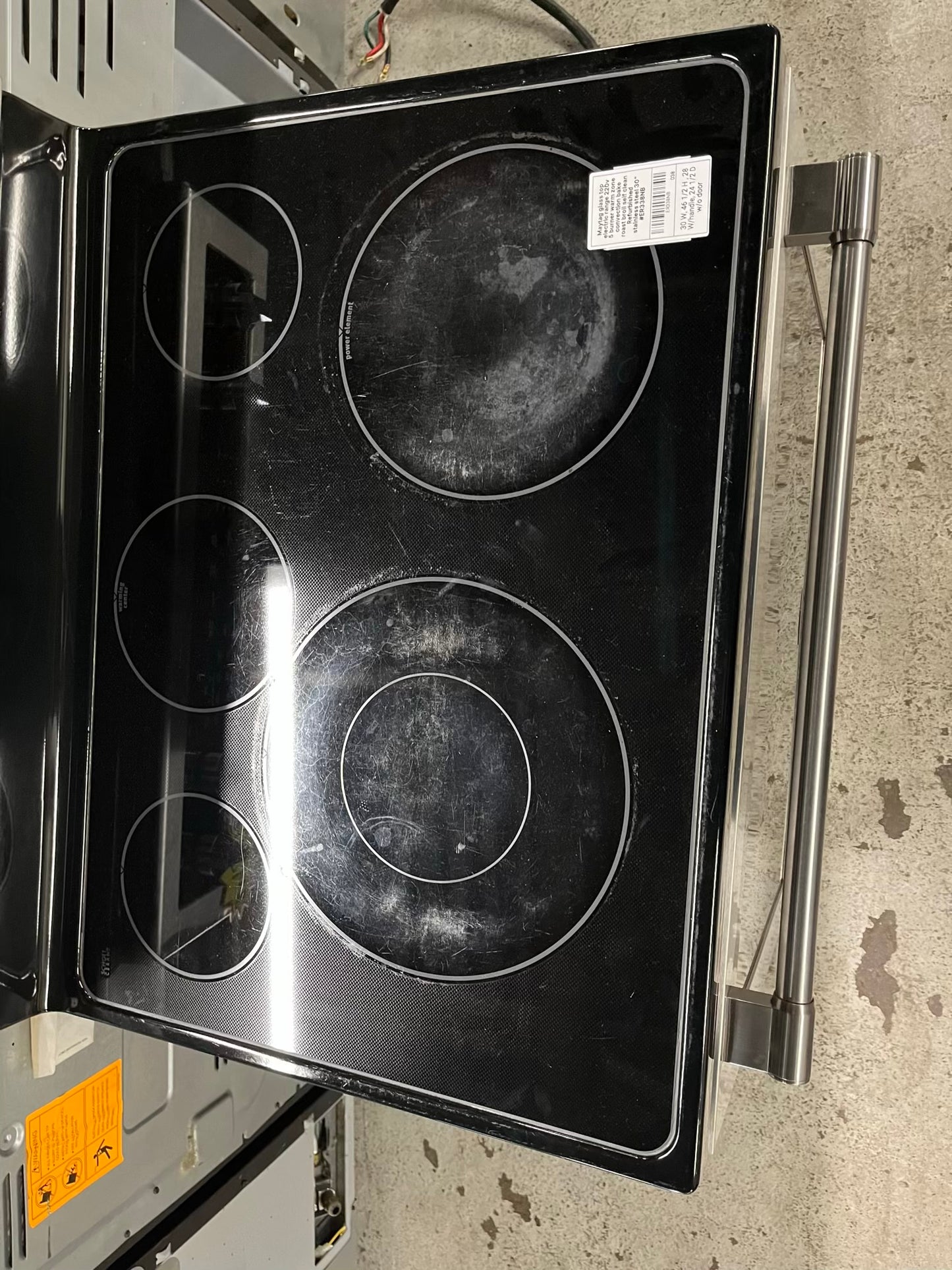 -Maytag glass top electric range 220v 5 burner warm zone convection bake roast broil self clean Refurbished stainless steel 30" #ER338NB
