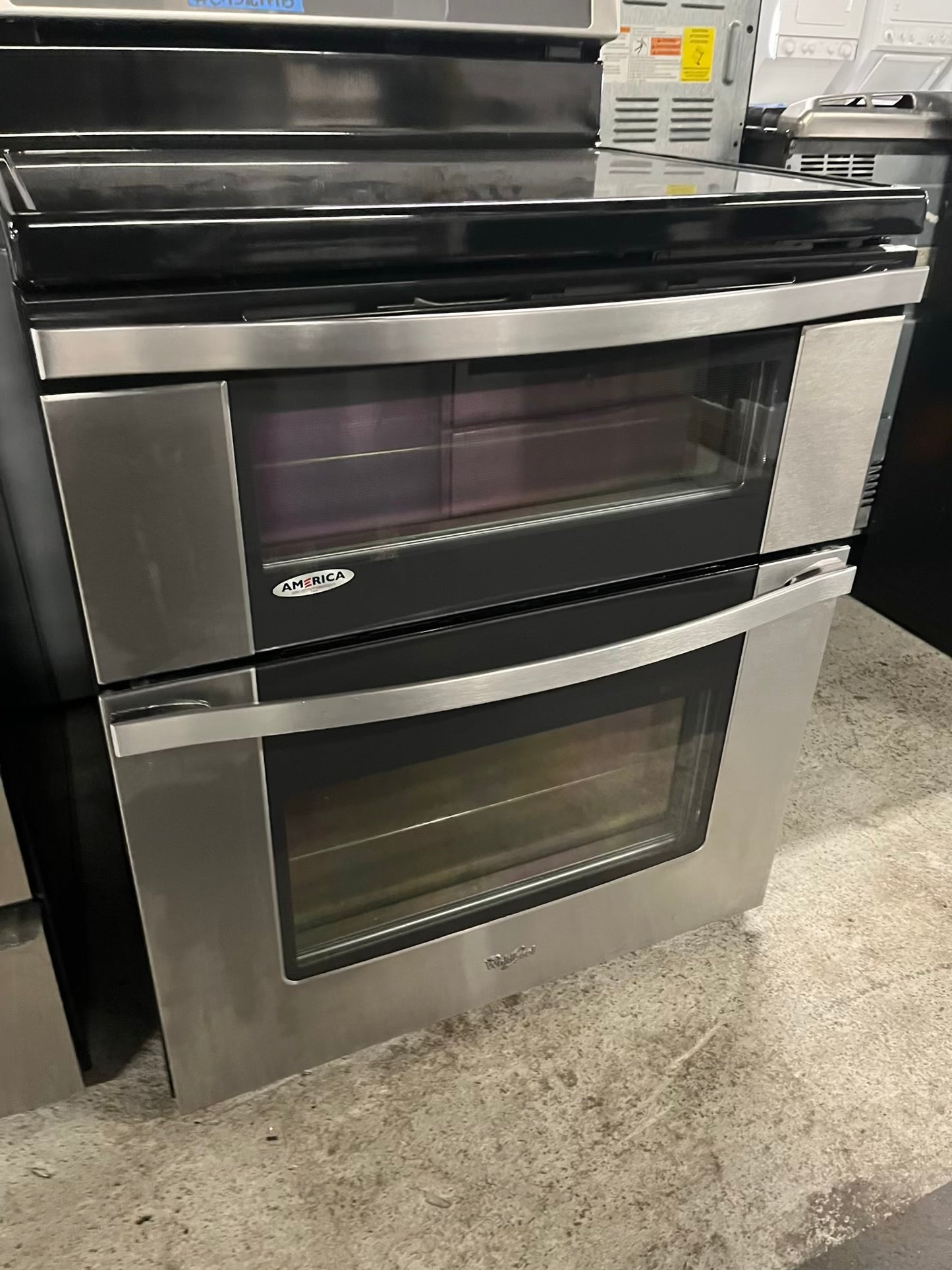 - Whirlpool glass top electric range 220v 5 burner warm zone bake broil steam clean Refurbished double oven stainless steel 30" #ER327HB