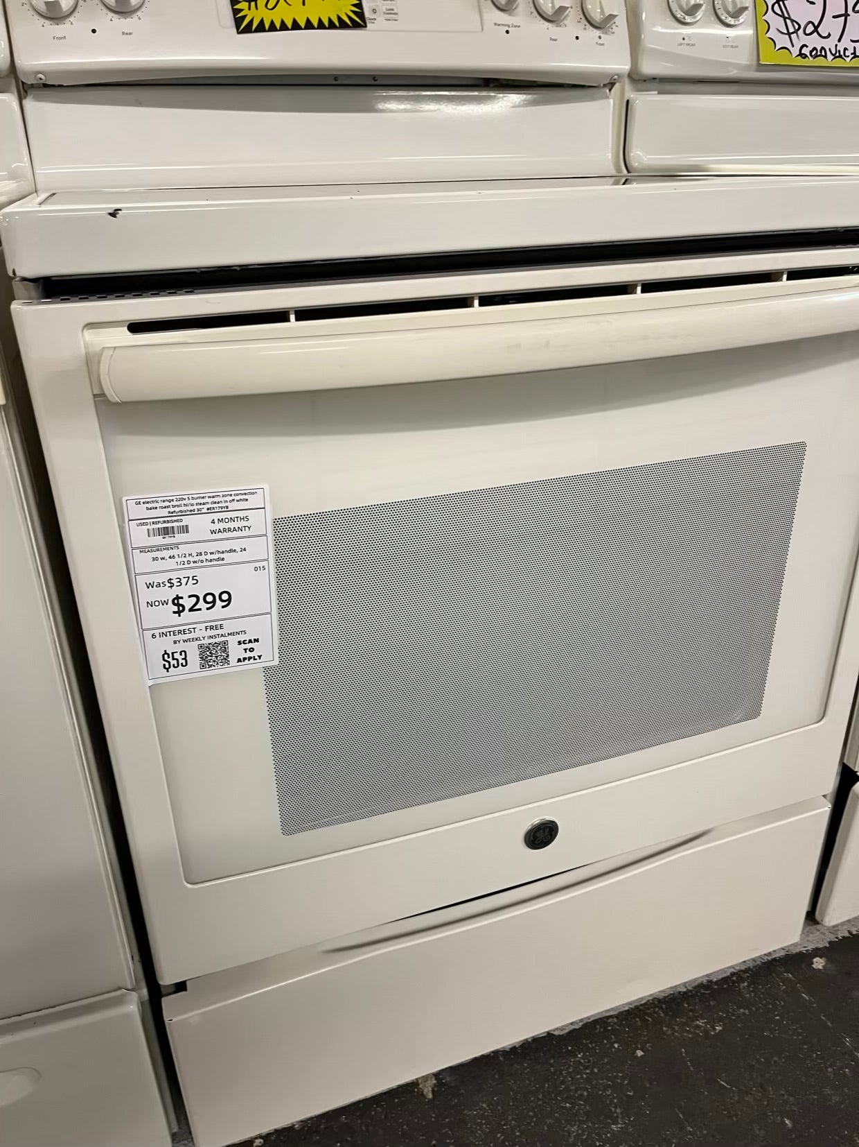 GE electric range 220v 5 burner warm zone convection bake roast broil hi/lo steam clean in off white Refurbished 30" #ER179YB