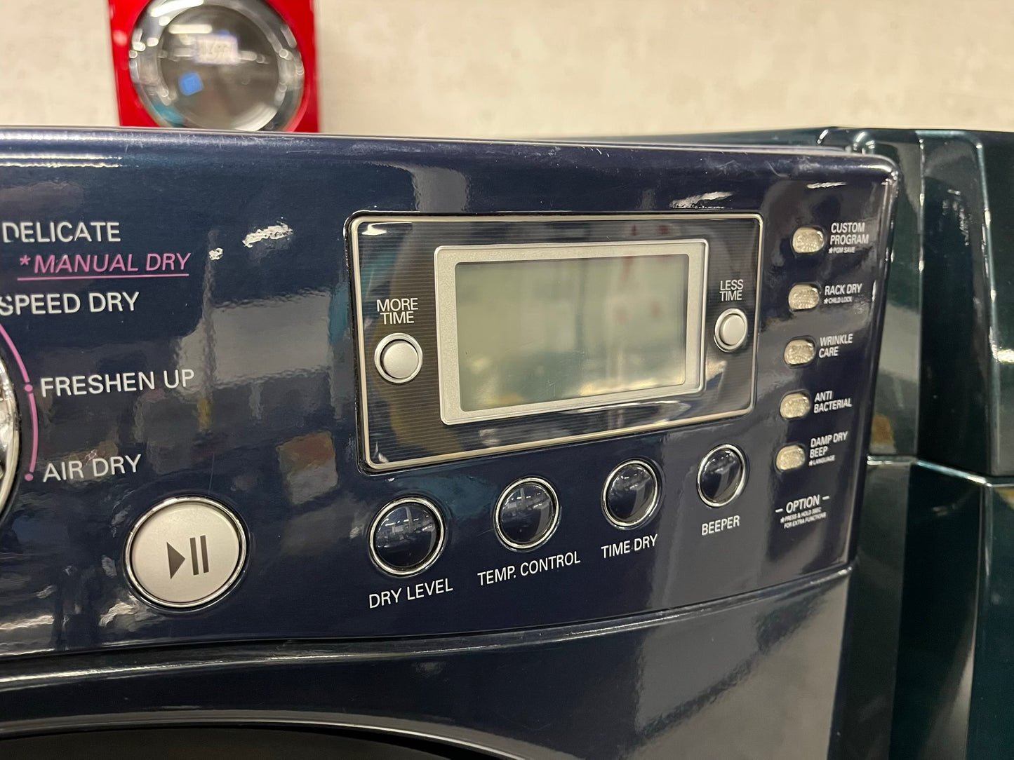 LG Dryer electric 220v in navy blue front load w/pedestal extra storage stainless steel drum large capacity 27" refurbished #ED345ZB