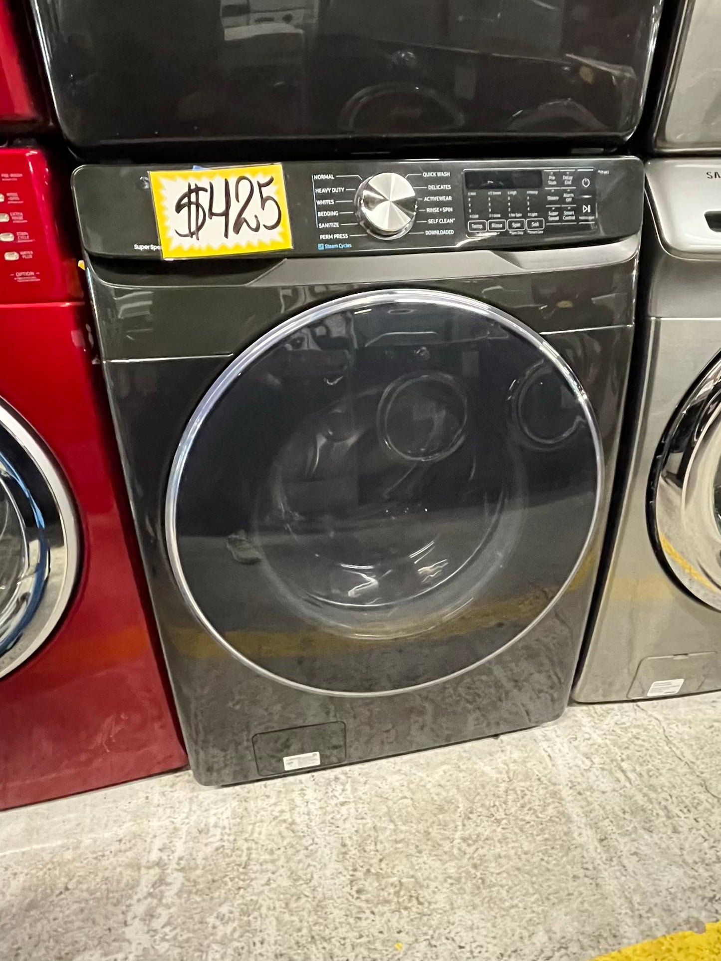 Used Samsung washer 4.5 cu ft & open box scratch & dent dryer 7.5 cu ft set electric 220v front load stackable pr side by side -sensor dry He in black stainless steel #RF207SB