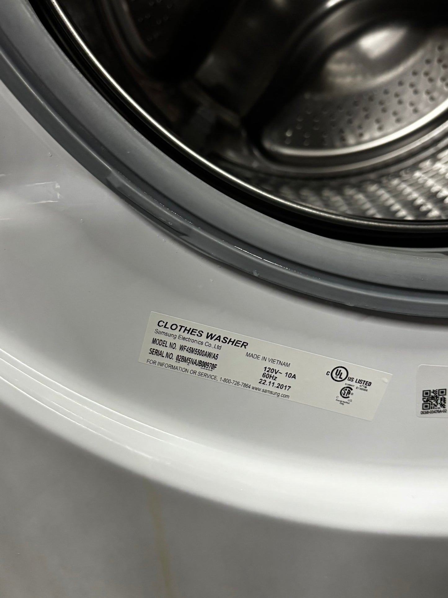 Samsung steam washer 4.5 cu ft & steam dryer 7.5 cu ft set electric 220v front load stackable or side by side sensor dry He in white #WD823JB
