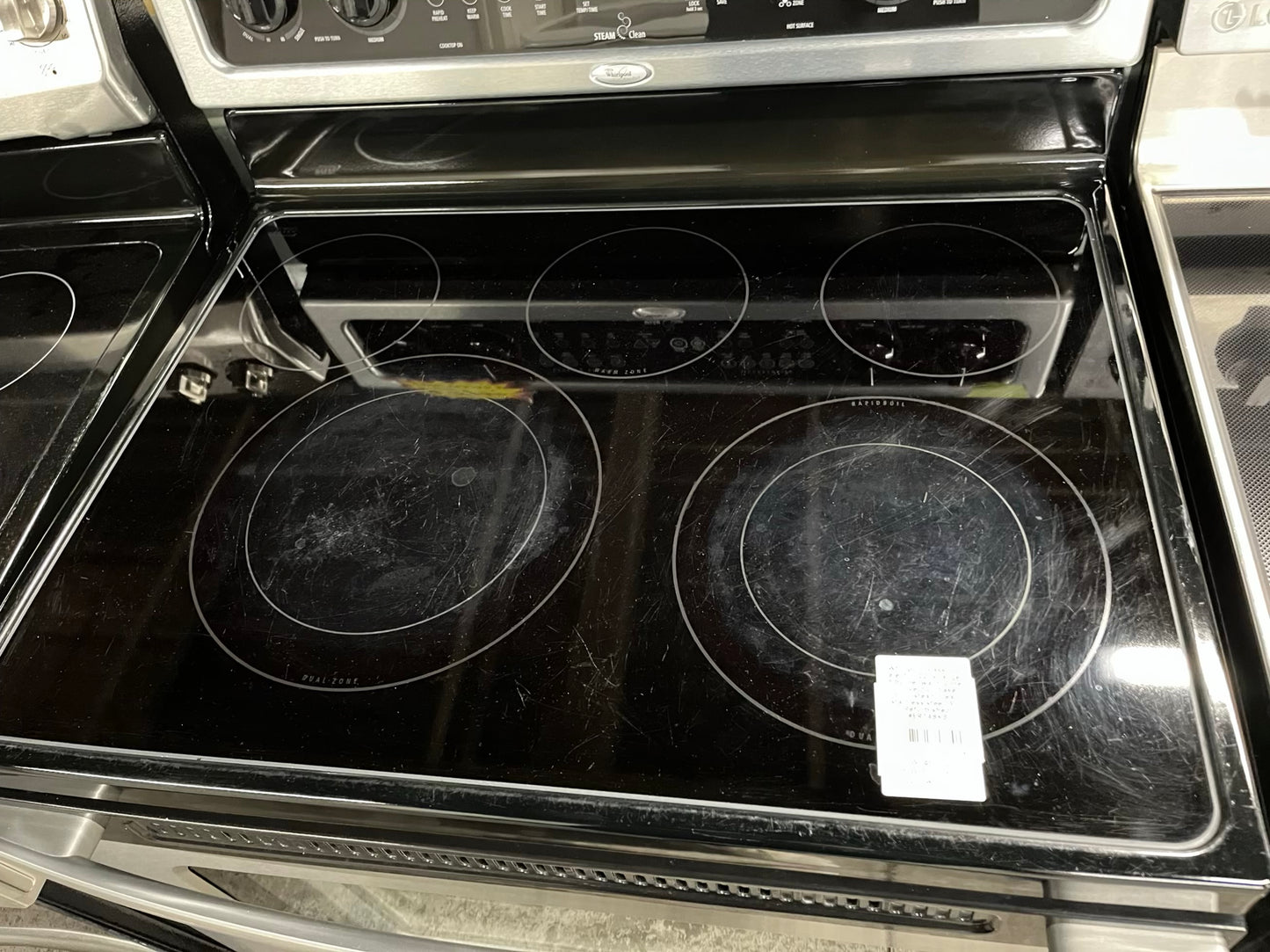 Whirlpool Glass top electric 220v range 5 burner warm zone convection bake broil steam clean stainless steel 30" Refurbished #ER748KB