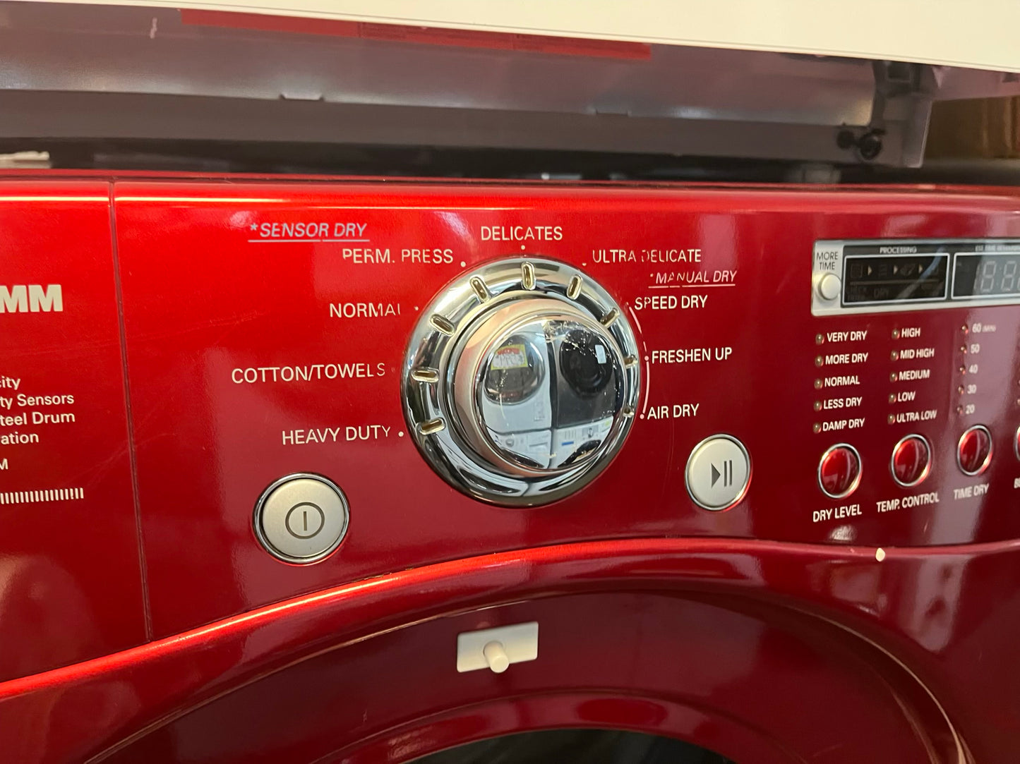 - LG front load washer & dryer set electric 220v large capacity w/pedestal extra storage in red 27” #WD783NL