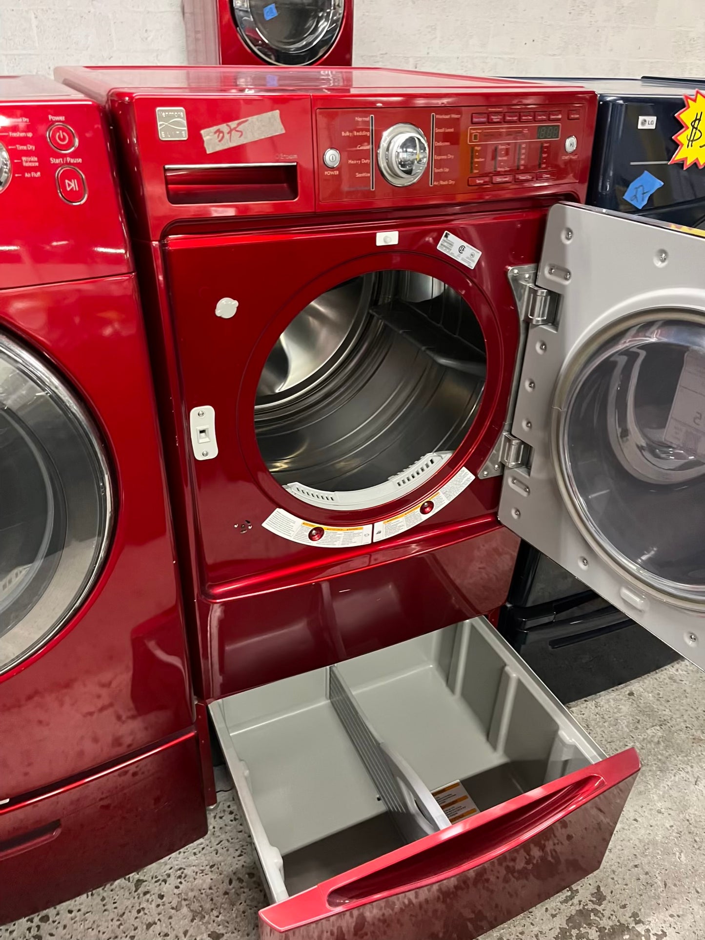 Kenmore Elite Dryer electric 220v in red front load w/pedestal extra storage stainless steel drum large capacity 27" refurbished #ED344QB