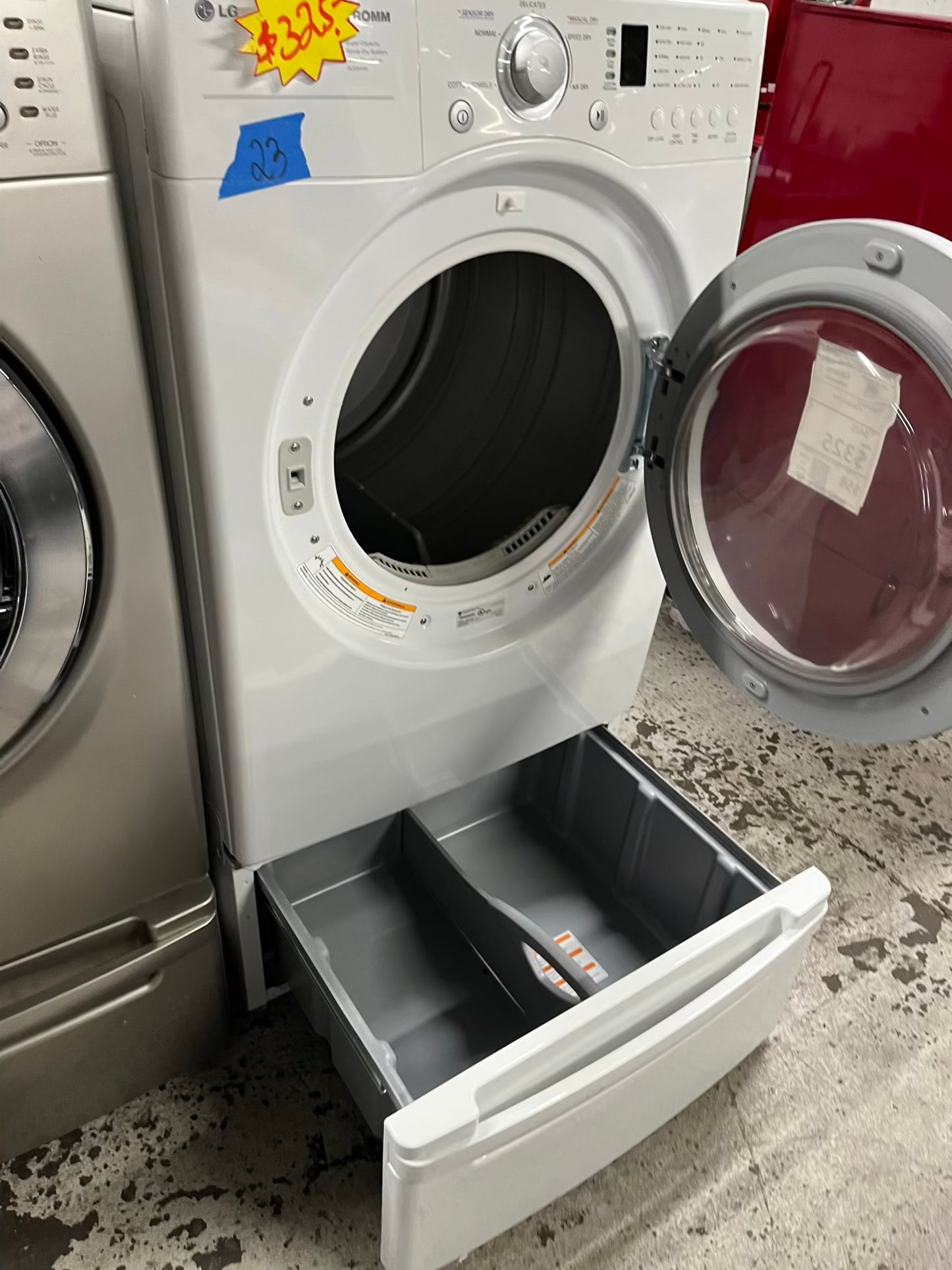 LG Dryer electric 220v in white front load w/pedestal extra storage stainless steel drum large capacity 27" refurbished #ED341AB
