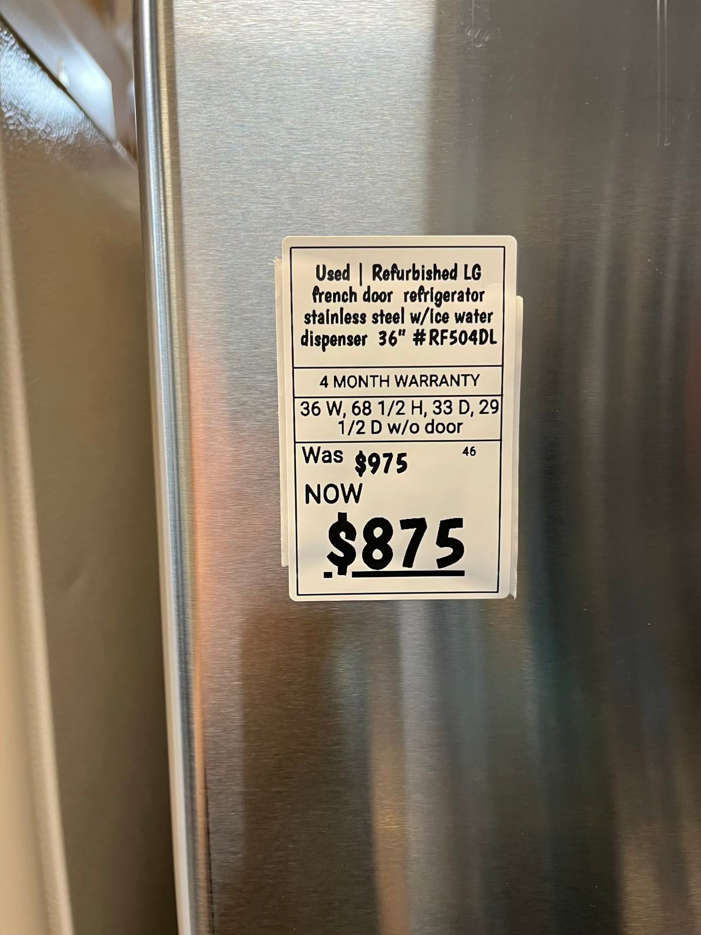 Used | Refurbished LG french door refrigerator stainless steel w/ice water dispenser 36" #RF504DL