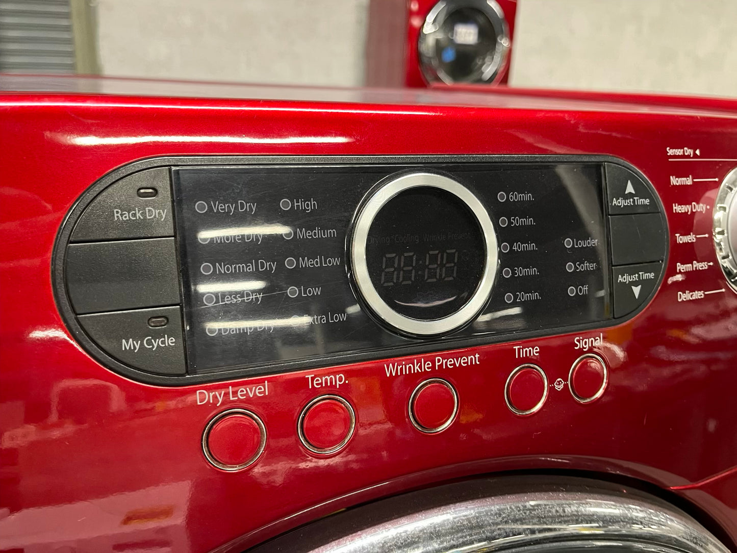 Samsung Dryer electric 220v in red front load w/pedestal extra storage stainless steel drum large capacity 27" refurbished #ED343SB