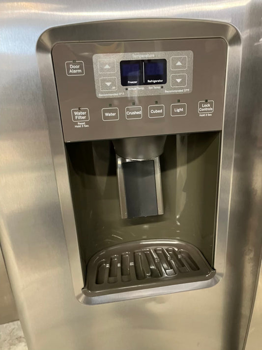 GE Side x side Refrigerator stainless steel no ice maker, no water dispenser. Item number #RF732DB 36” in Refurbished