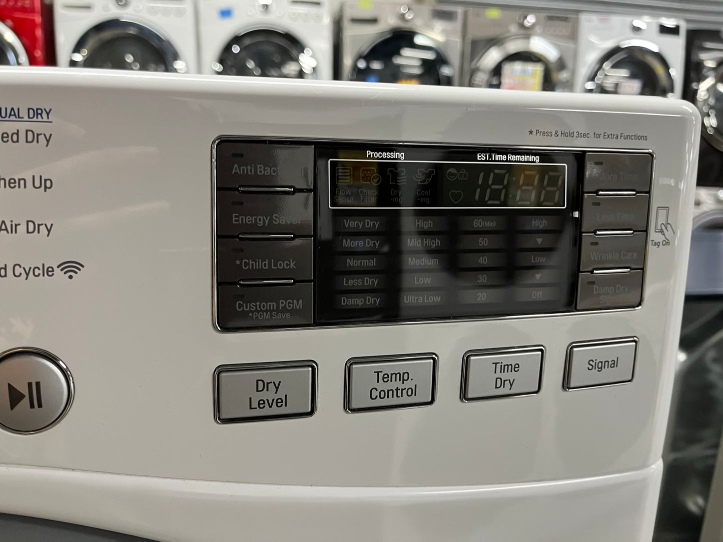 LG Dryer electric 220v in white front load w/pedestal extra storage stainless steel drum large capacity 27" refurbished #ED340SB