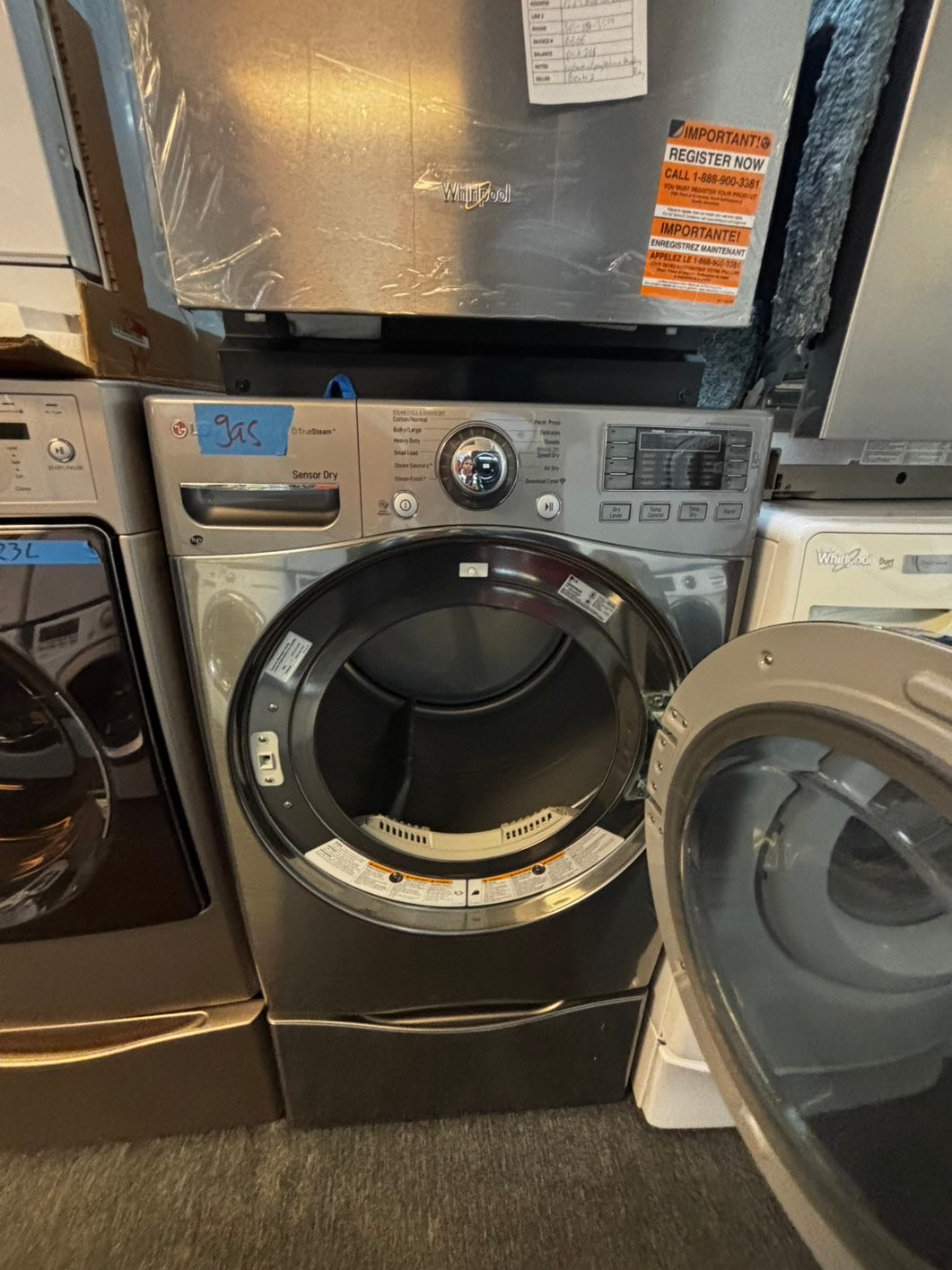 -LG GAS Dryer front load w/pedestal extra storage 27" in used -Refurbished. #GD7833JL