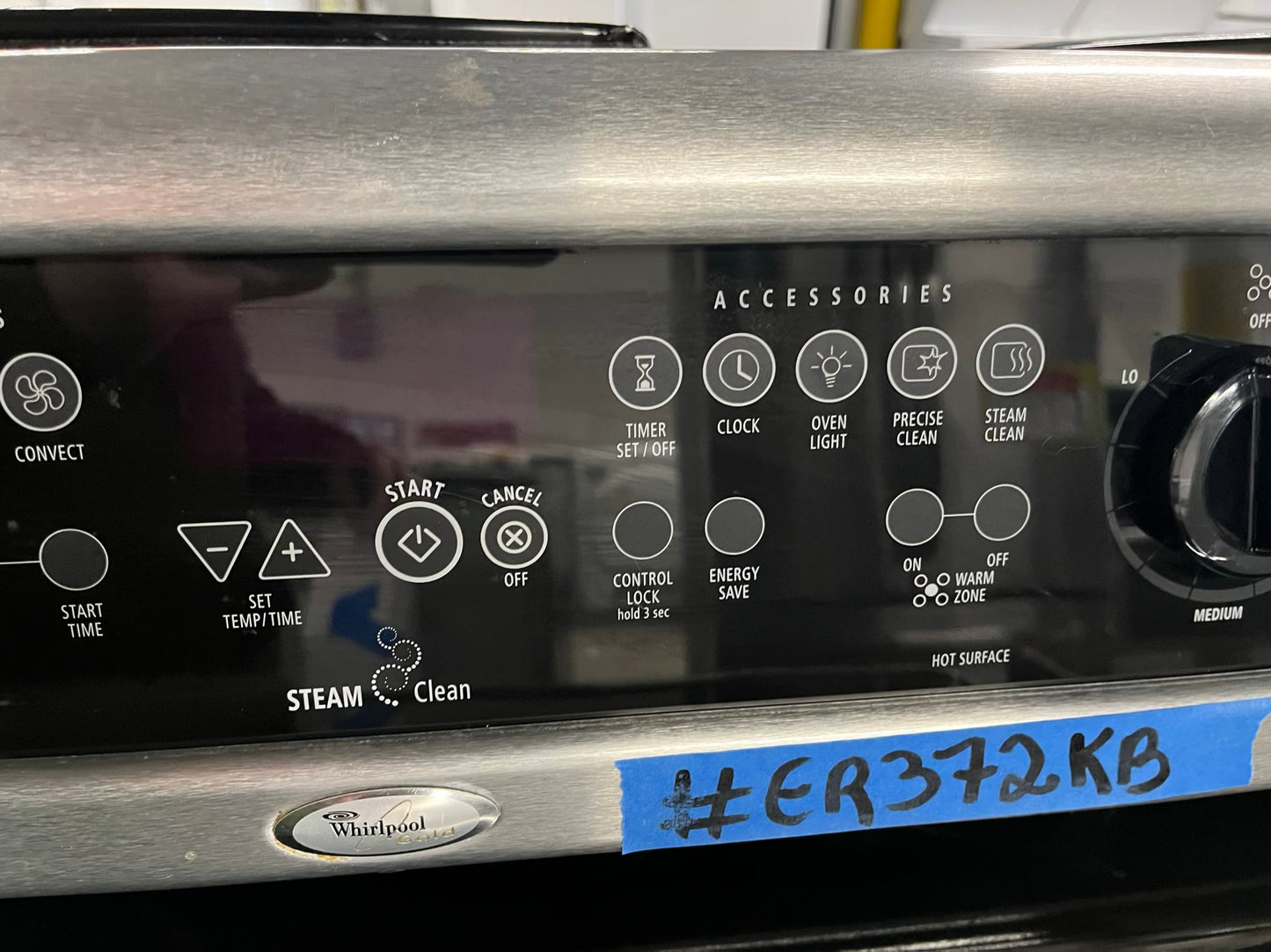 - Whirlpool glass top electric range 220v 5 burner warm zone convection bake broil steam clean Refurbished stainless steel 30" #ER372KB