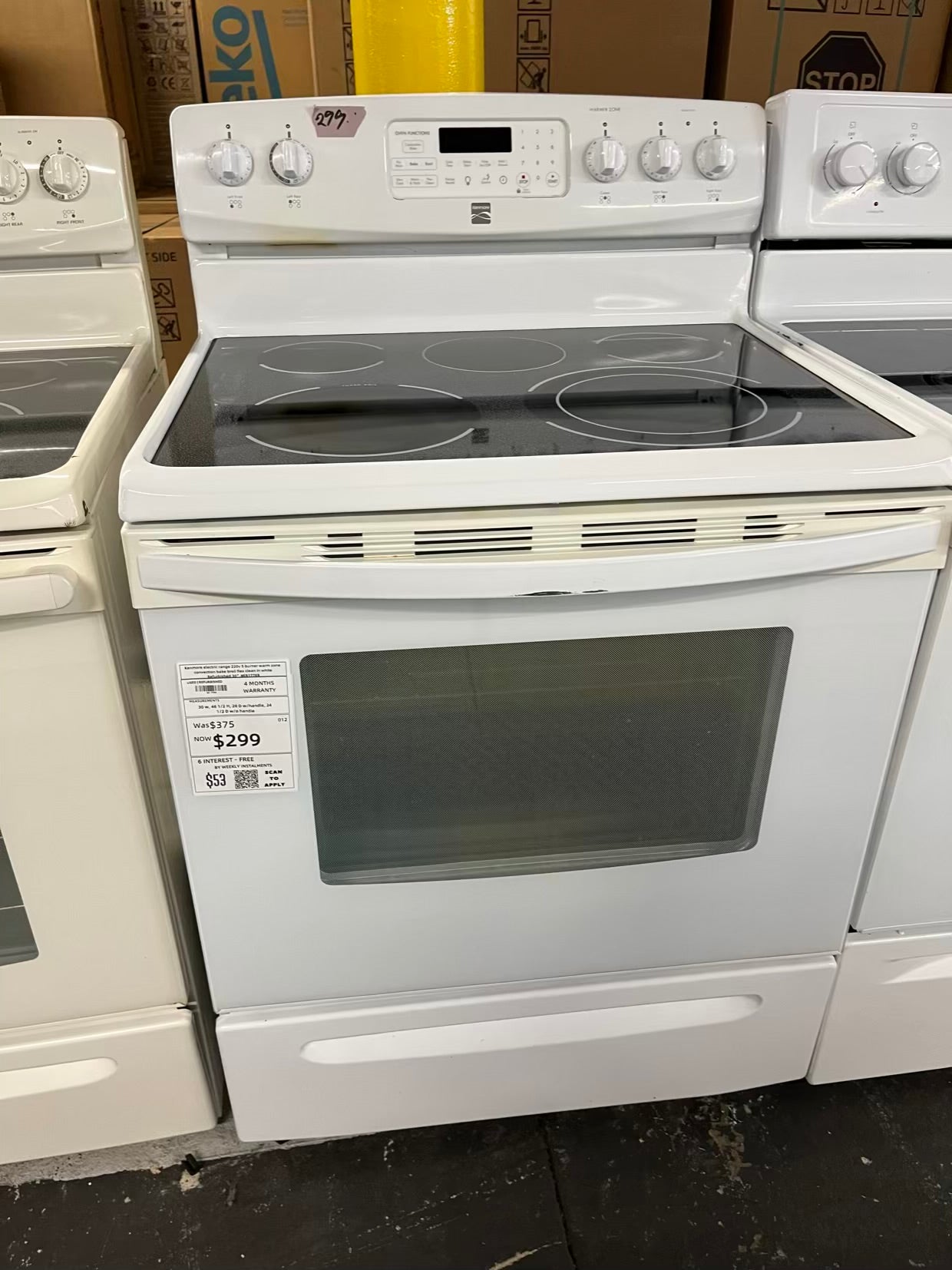 Kenmore electric range 220v 5 burner warm zone convection bake broil flex clean in white Refurbished 30" #ER177EB