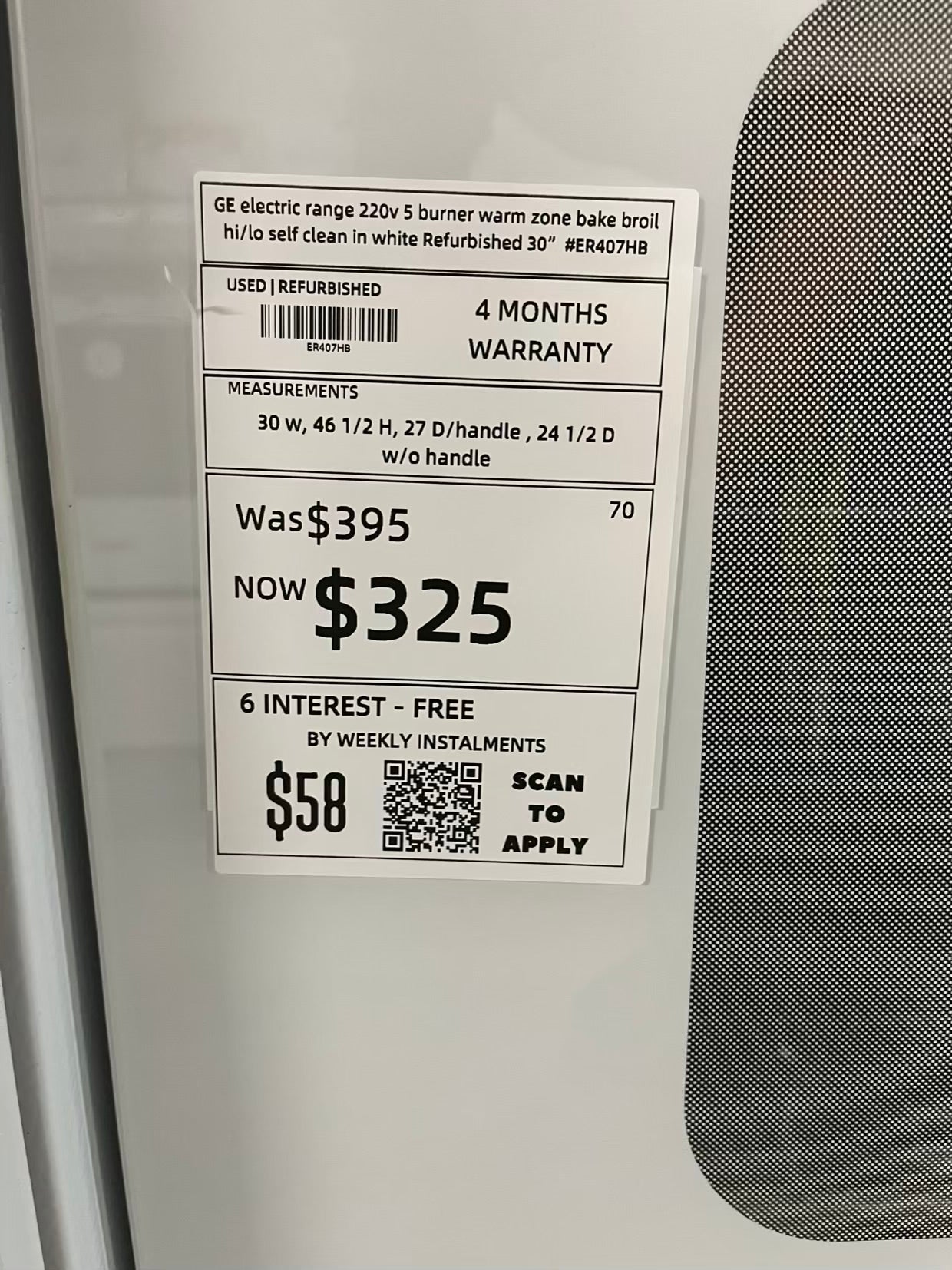GE electric range 220v 5 burner warm zone bake broil hi/lo self clean in white Refurbished 30" #ER407HB