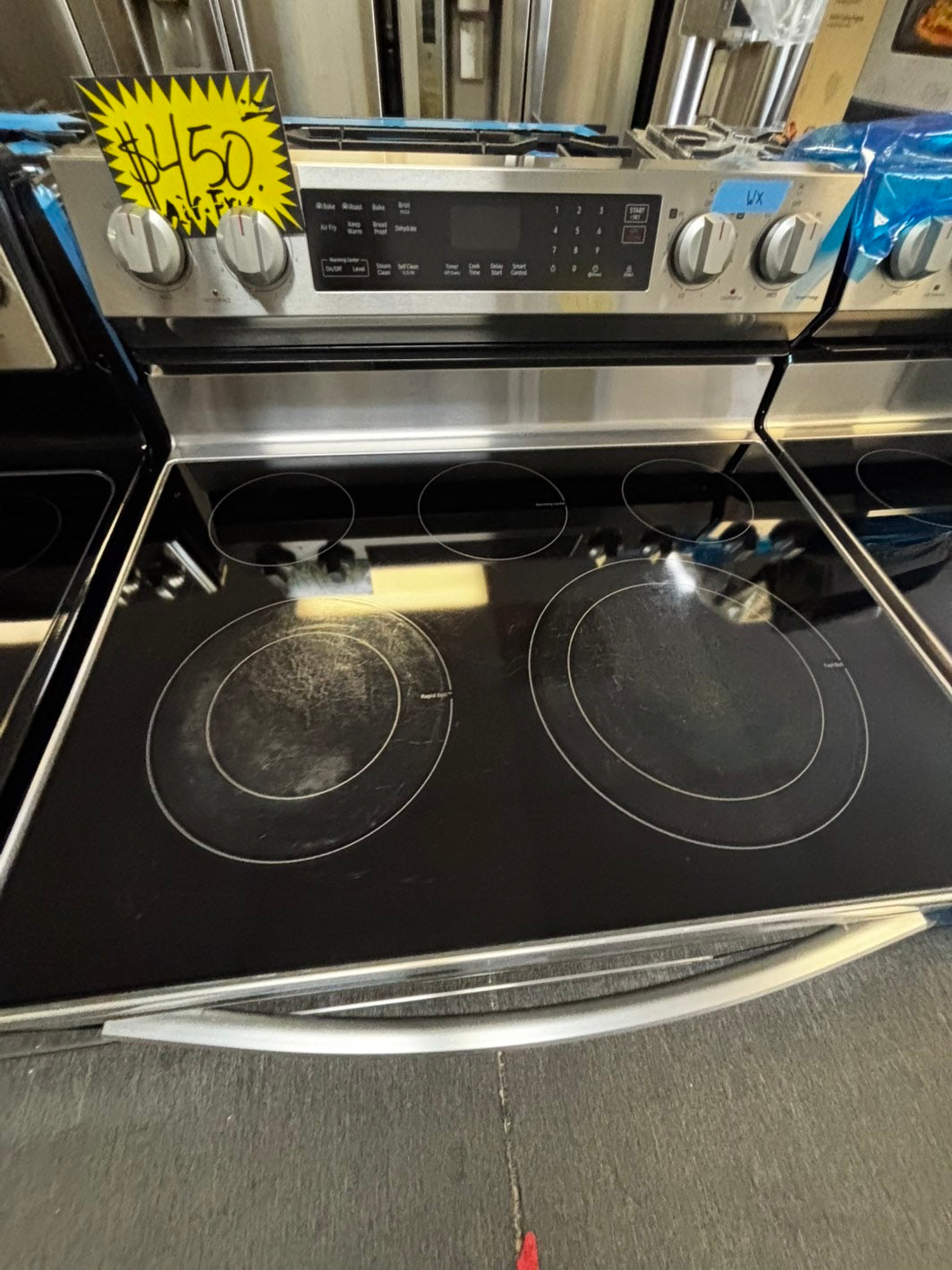 Samsung glass top electric range Air-fry 220v 5 burner warm zone convection bake roast broil steam clean Refurbished 30" #ESS534AL