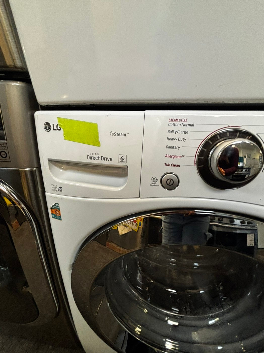 Used-Refurbished LG 27-inch wide, 4.5 cu. ft. capacity front-load washer with steam technology for cleaning and wrinkle removal. Key features include 12 wash cycles, a 1300 RPM max spin speed, NeveRust™ stainless steel drum. #FW4566L