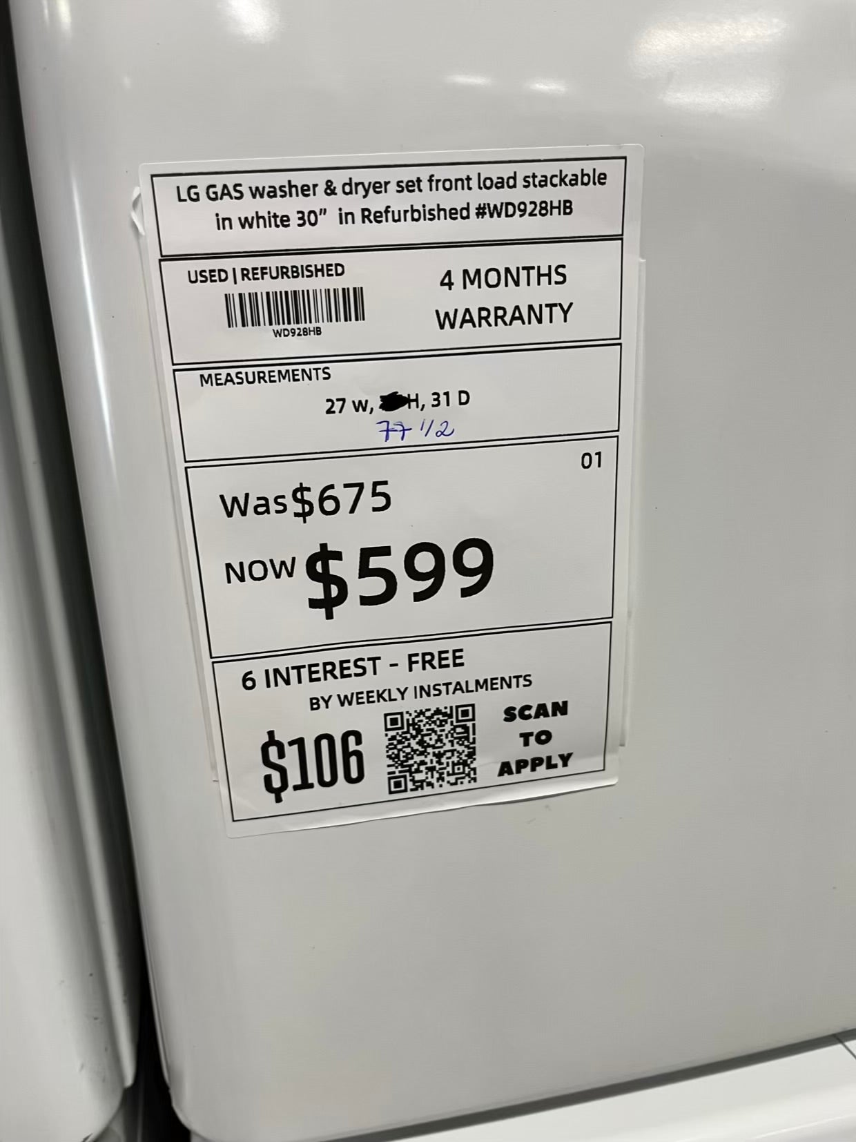 LG GAS washer & dryer set front load stackable in white 30" in Refurbished #WD928HB