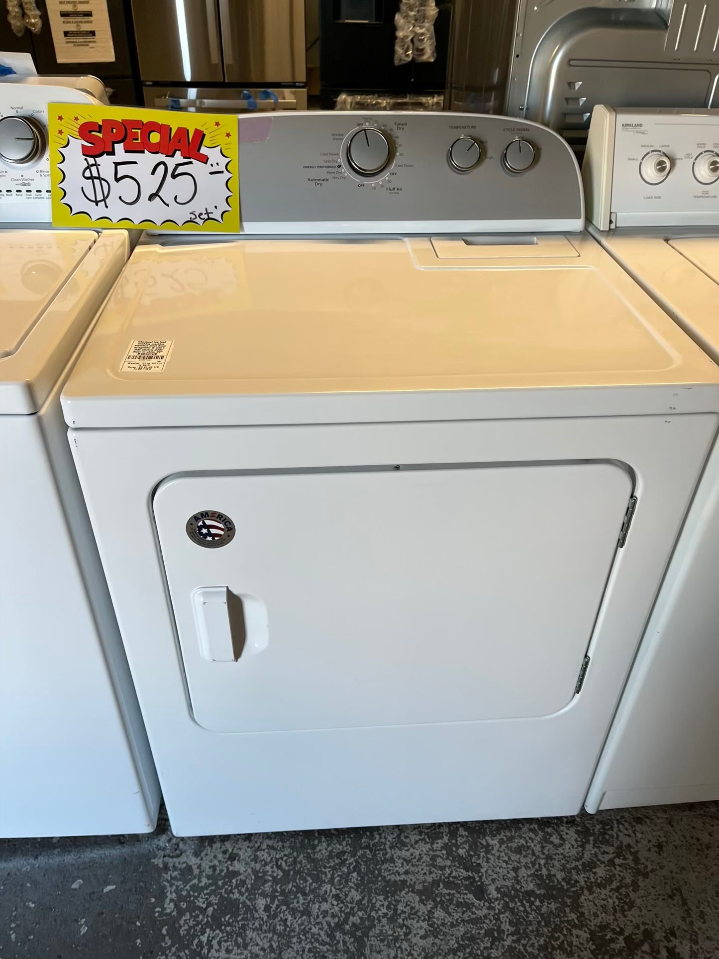 Whirlpool top load washing machine stainless steel drum w/agitator & side x side electric 220v dryer in white 29" #ED501UB