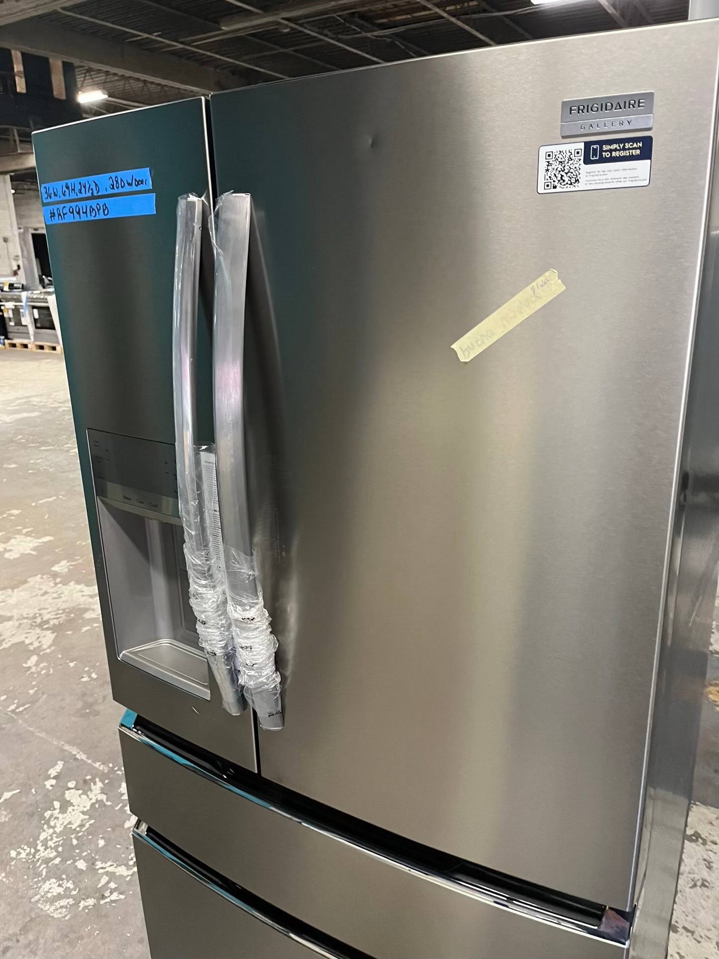 - Frigidaire Gallery four door refrigerator counter depth  stainless steel w/ice and water dispenser  used-refurbished 36”  #RF994BPB