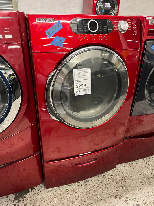 Samsung Dryer electric 220v in red front load w/pedestal extra storage stainless steel drum large capacity 27" refurbished #ED343SB