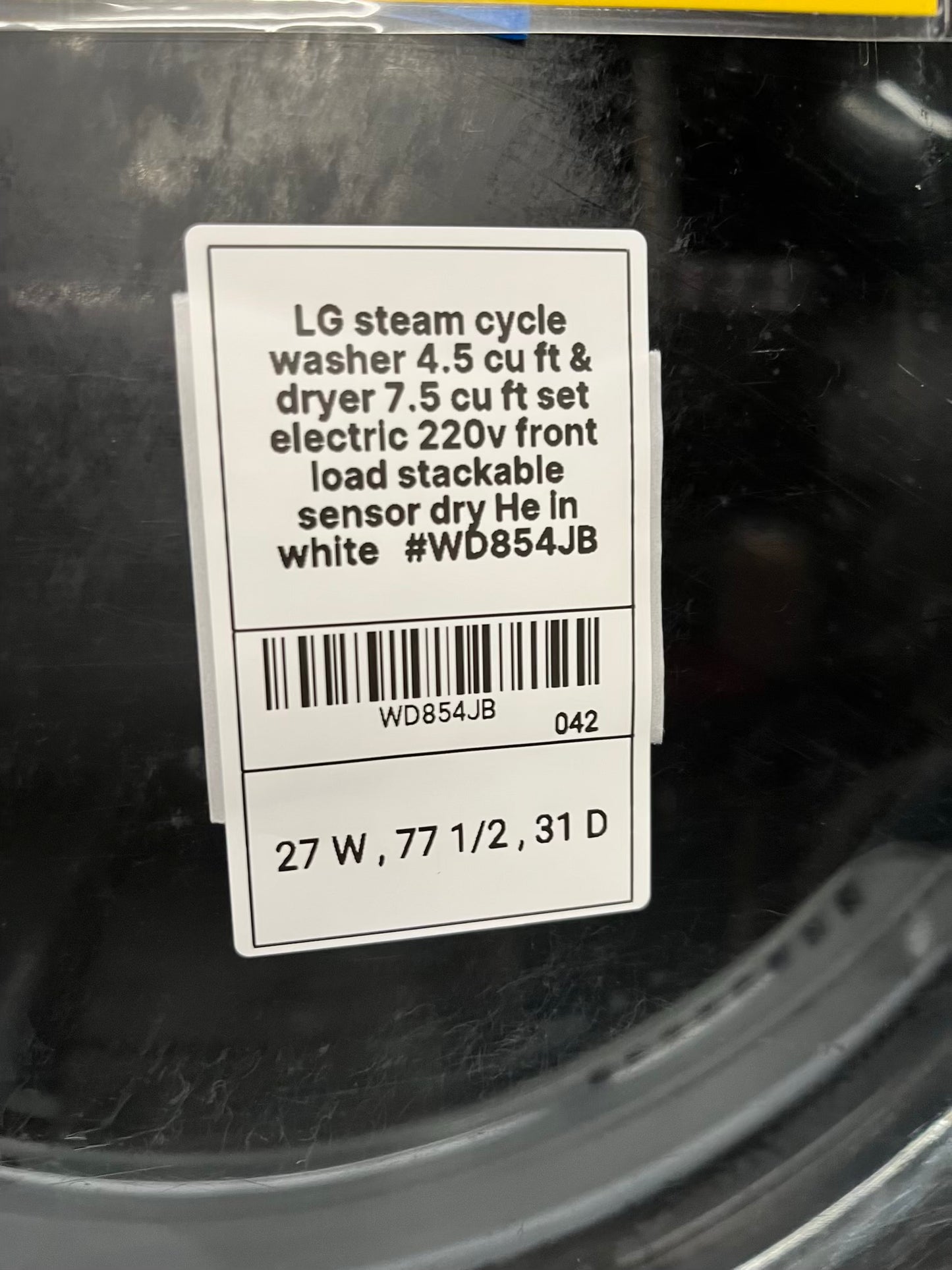 LG steam cycle washer 4.5 cu ft & dryer 7.5 cu ft set electric 220v front load stackable sensor dry He In white #WD854JB