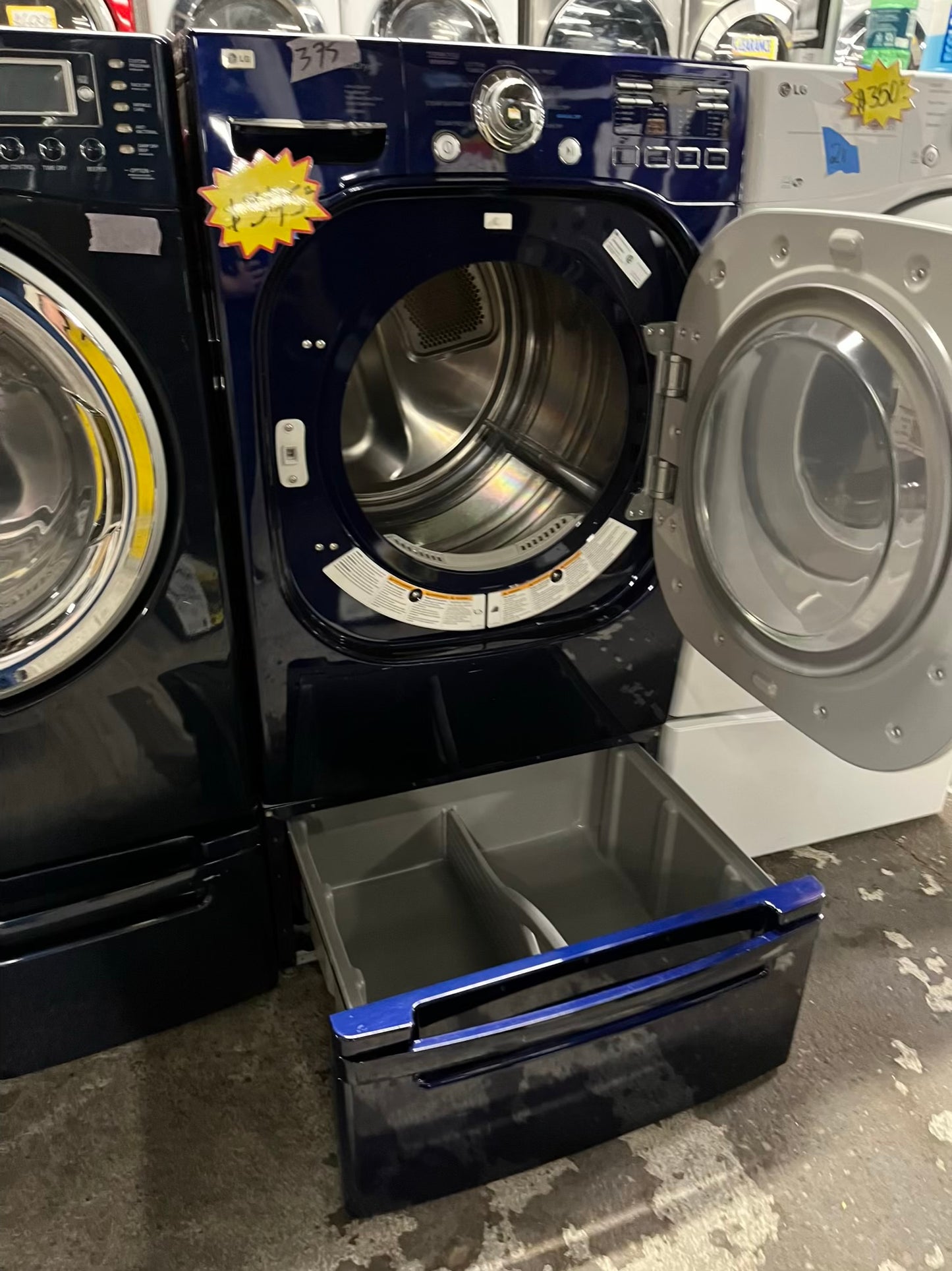 LG Dryer electric 220v navy blue front load w/pedestal extra storage stainless steel drum large capacity 27" refurbished #ED339WB