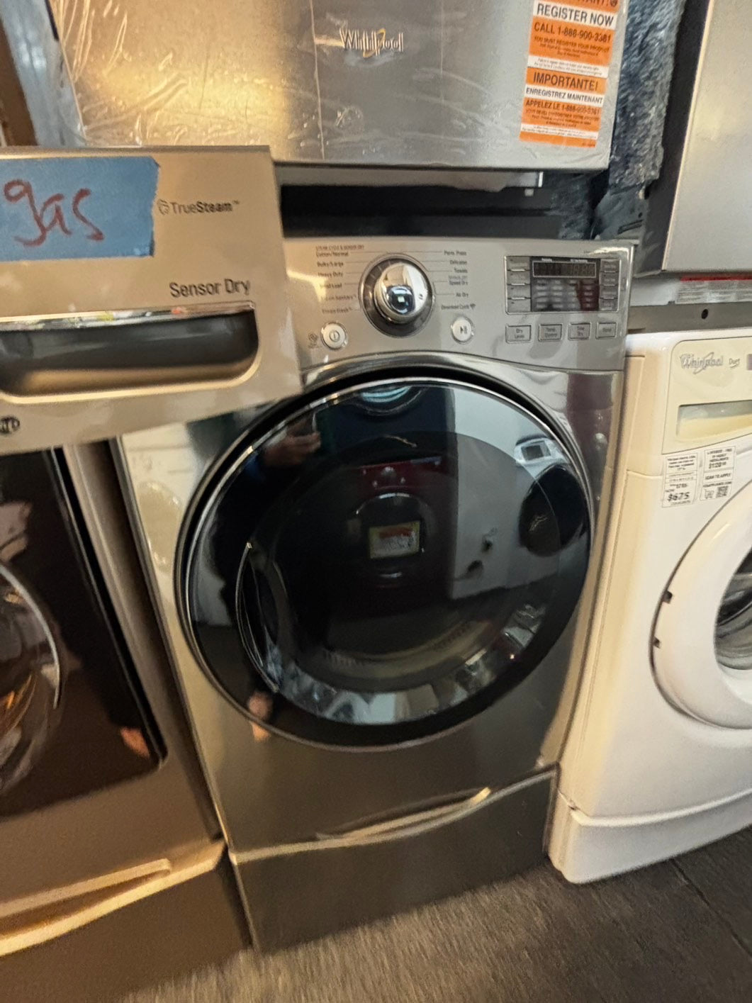 -LG GAS Dryer front load w/pedestal extra storage 27" in used -Refurbished. #GD7833JL