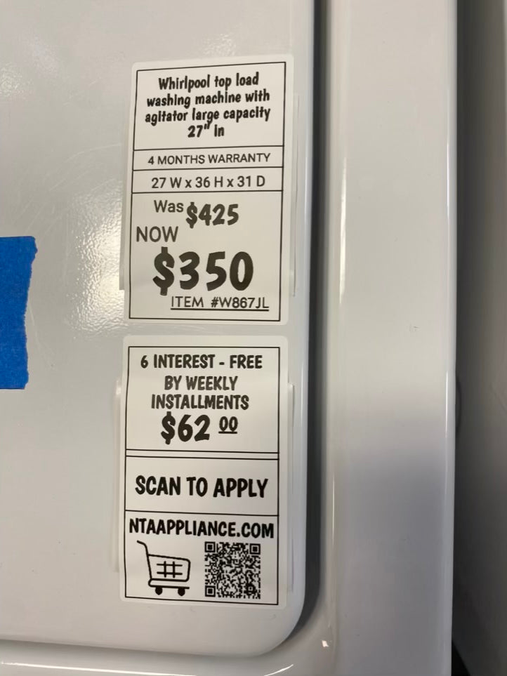 Whirlpool top load washing machine with agitator large capacity 27” in #W867JL Refurbished