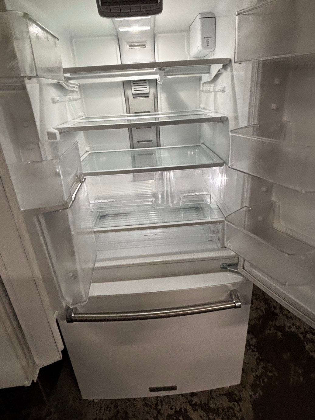 - KitchenIAd 30” wide French door Refrigerator white steel W/ice maker & water inside Used Refurbished #RFKW550L