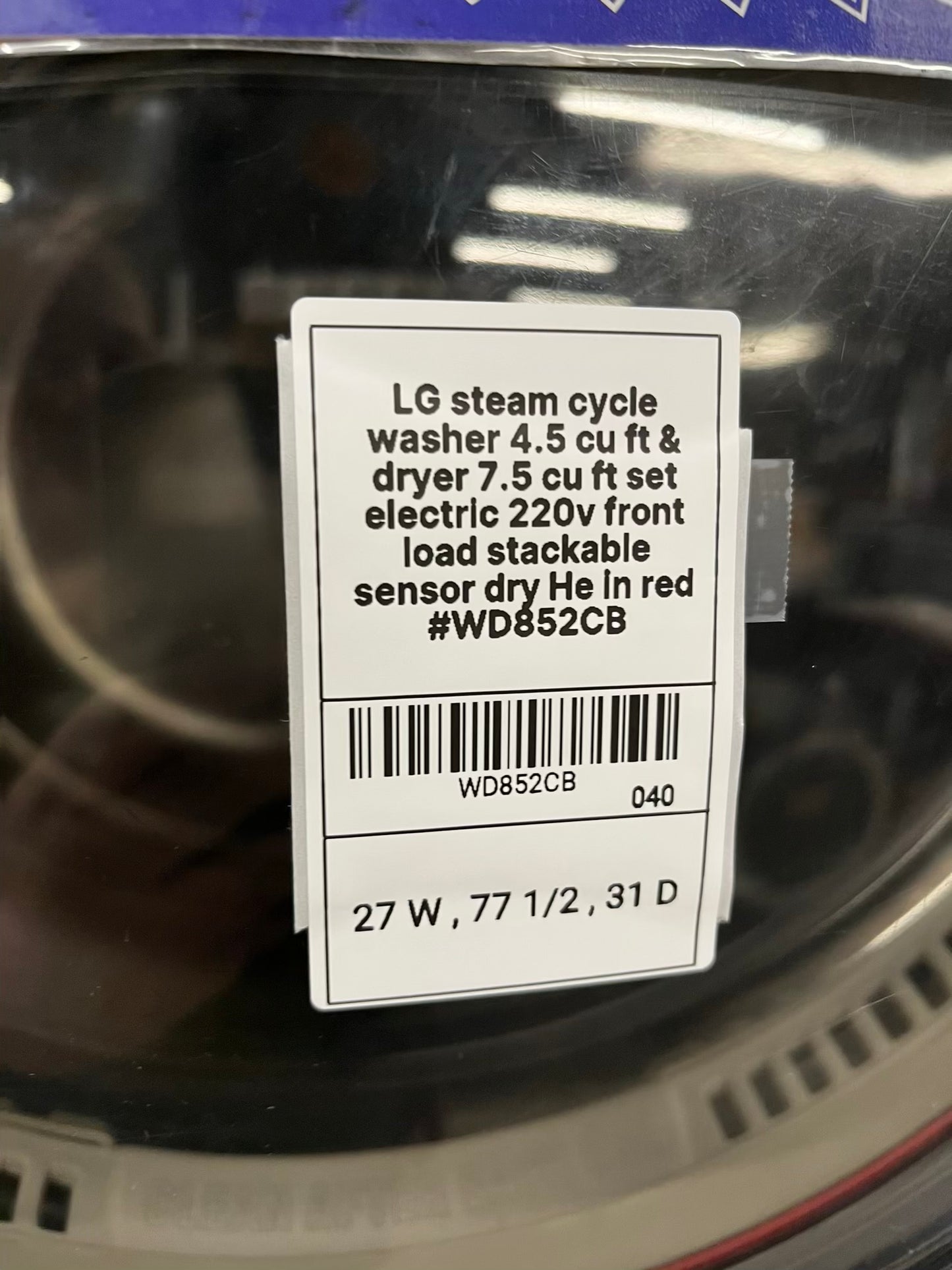 LG steam cycle washer 4.5 cu ft & dryer 7.5 cu ft set electric 220v front load stackable sensor dry He in red #WD852CB