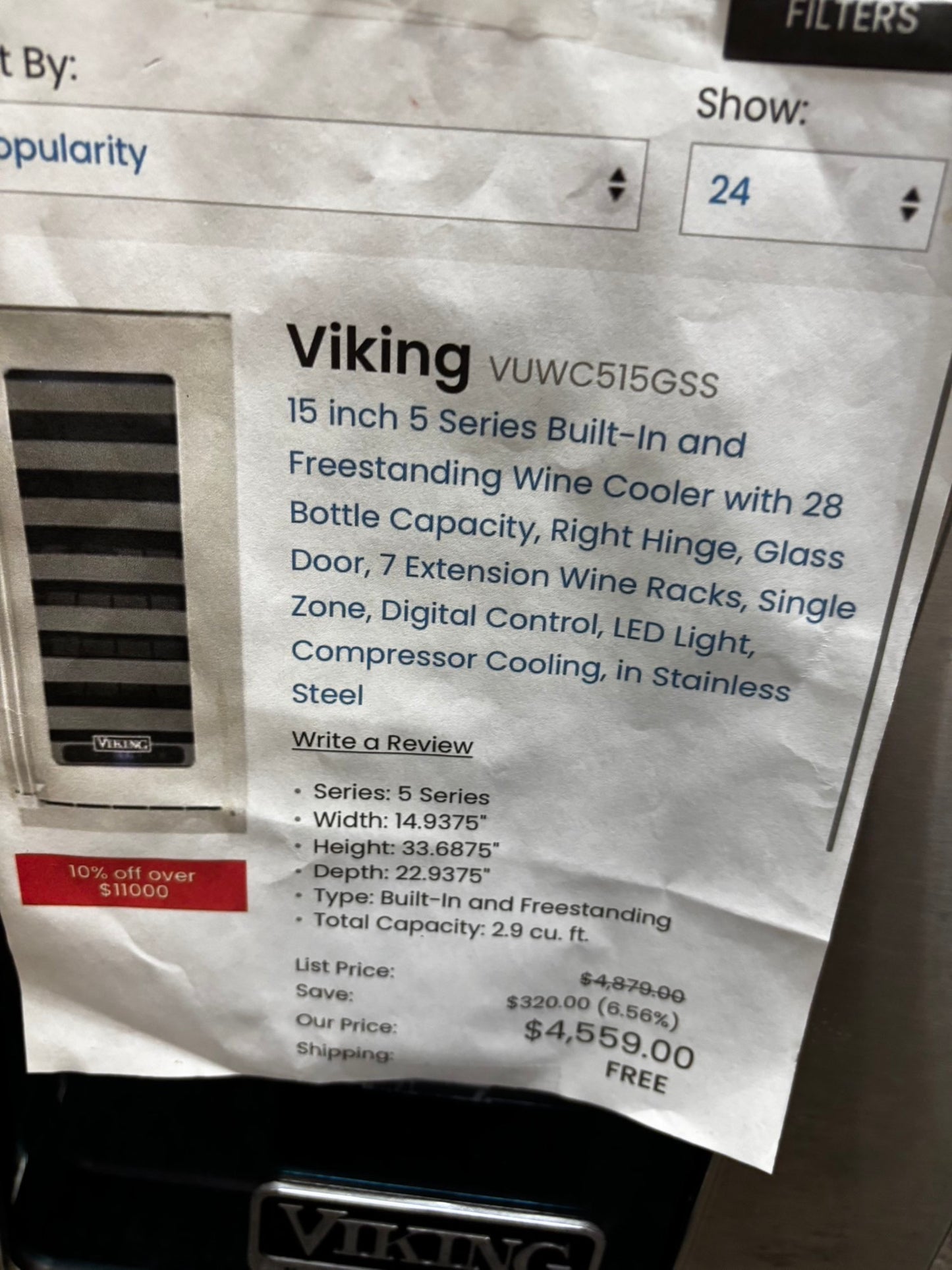 Viking 5 Series 15 inch Undercounter Wine Cellar with 24 Bottle Capacity in Stainless Steel - New scratch and dent. Model- VWUI5151GSS. #VK15STL