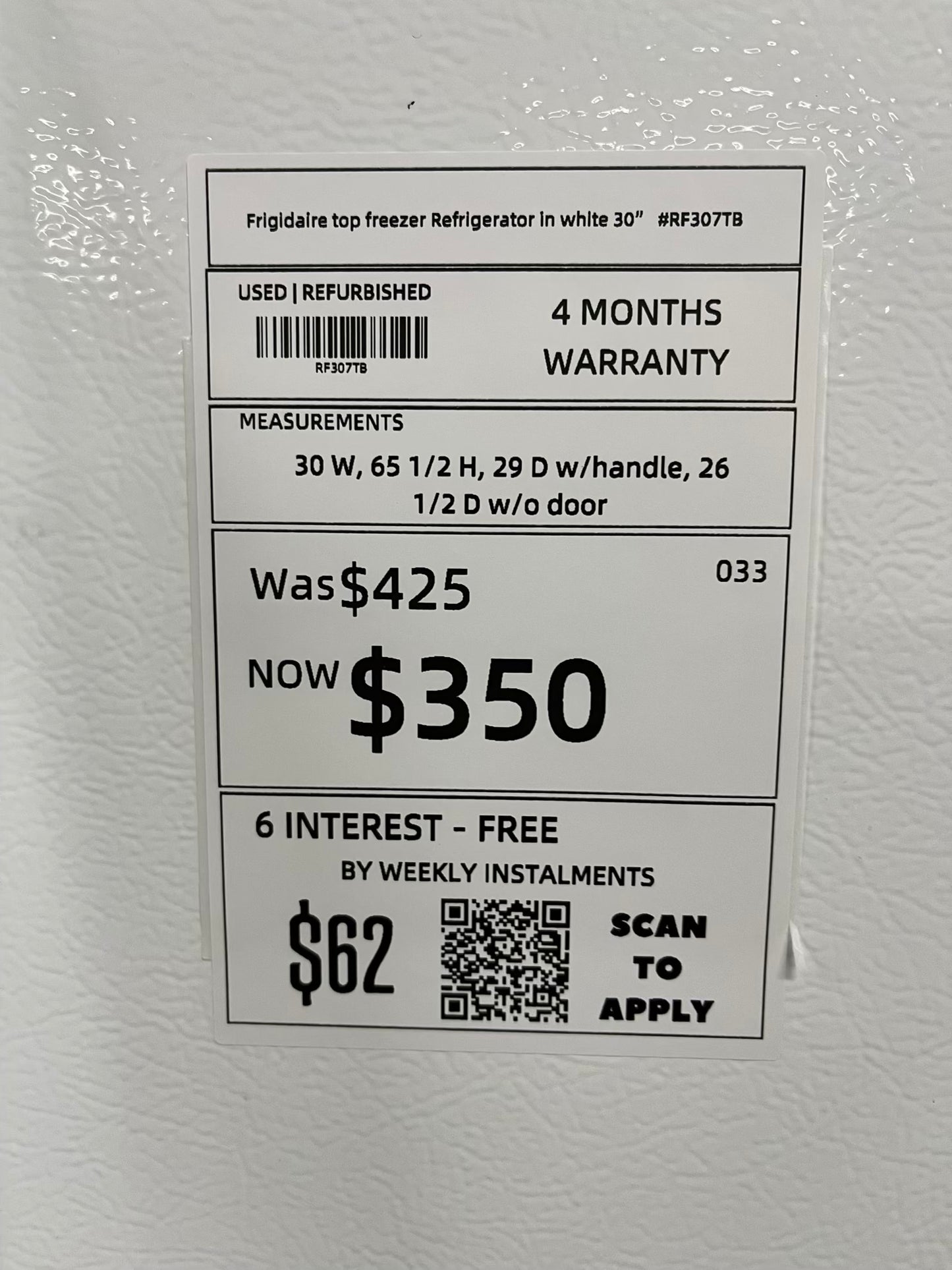- Frigidaire top freezer Refrigerator in white 30" #RF307TB
