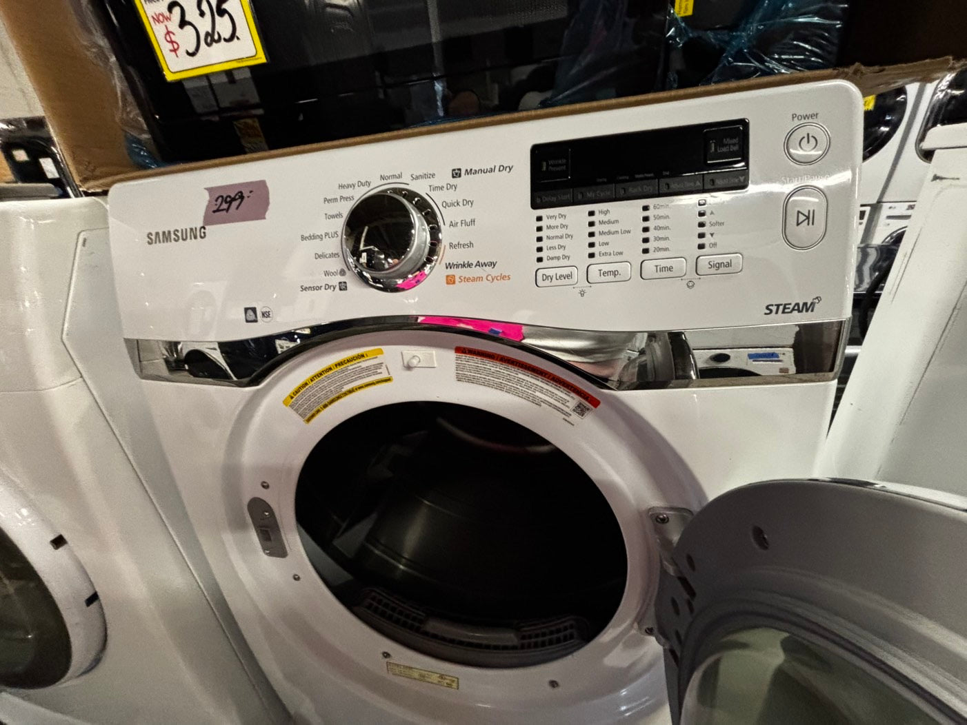 -Samsung Dryer steam electric 220v in white front load w/pedestal extra storage stainless steel drum large capacity 27" refurbished #ED3233VB