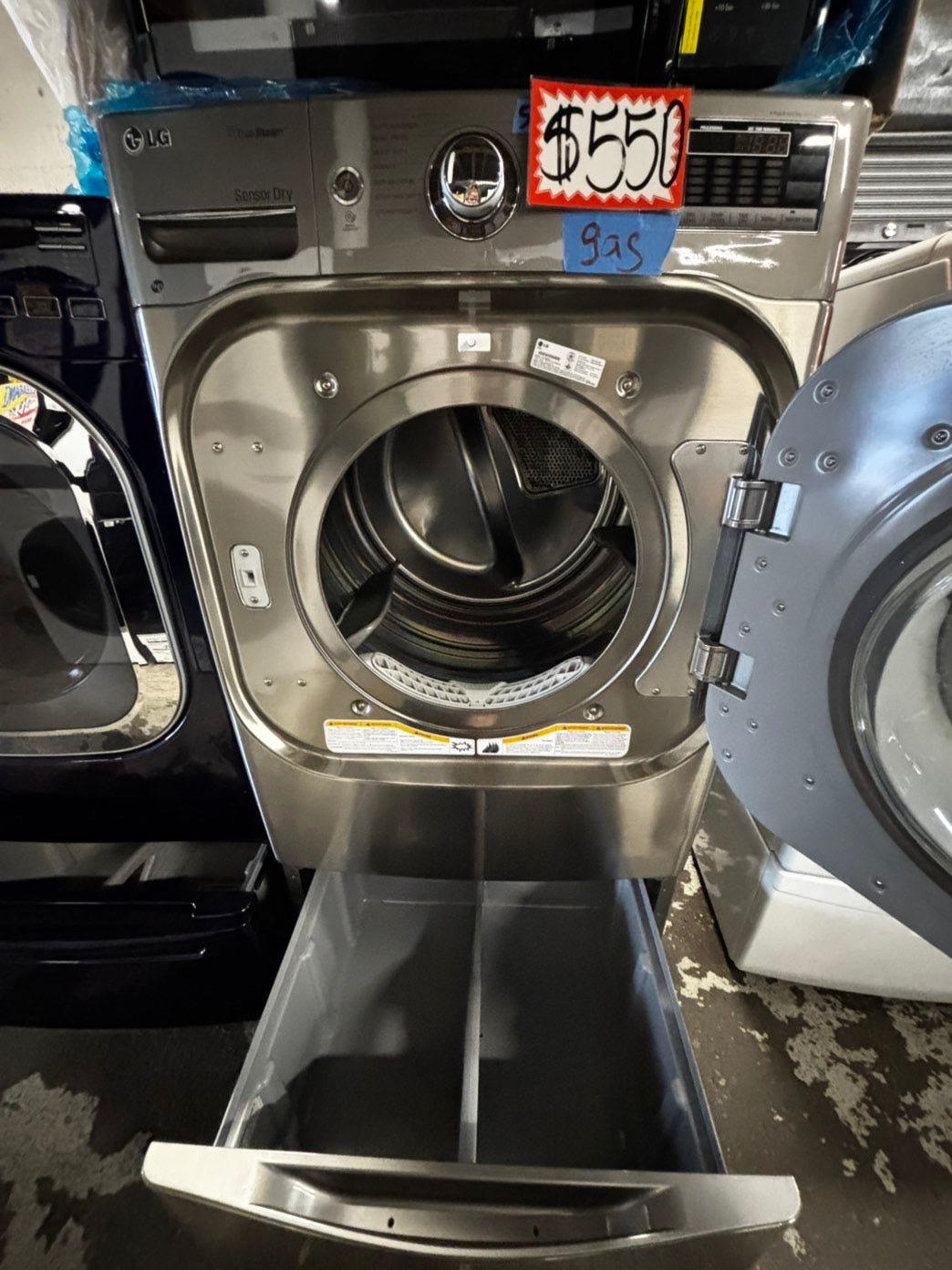LG gas steam Dryer 29” mega capacity -gray front load w/pedestal extra storage stainless steel drum large capacity used- refurbished #GD339WB