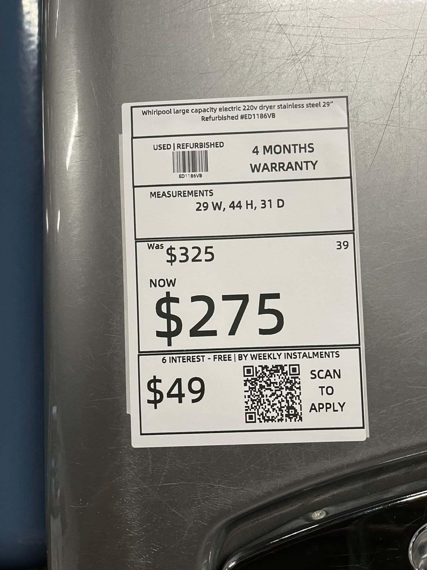 - Whirlpool large capacity electric 220v dryer stainless steel 29" Refurbished #ED1186VB