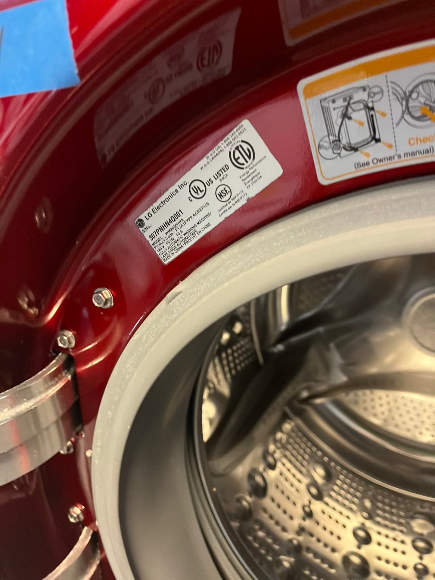 - LG front load washer & dryer set electric 220v large capacity w/pedestal extra storage in red 27” #WD783NL