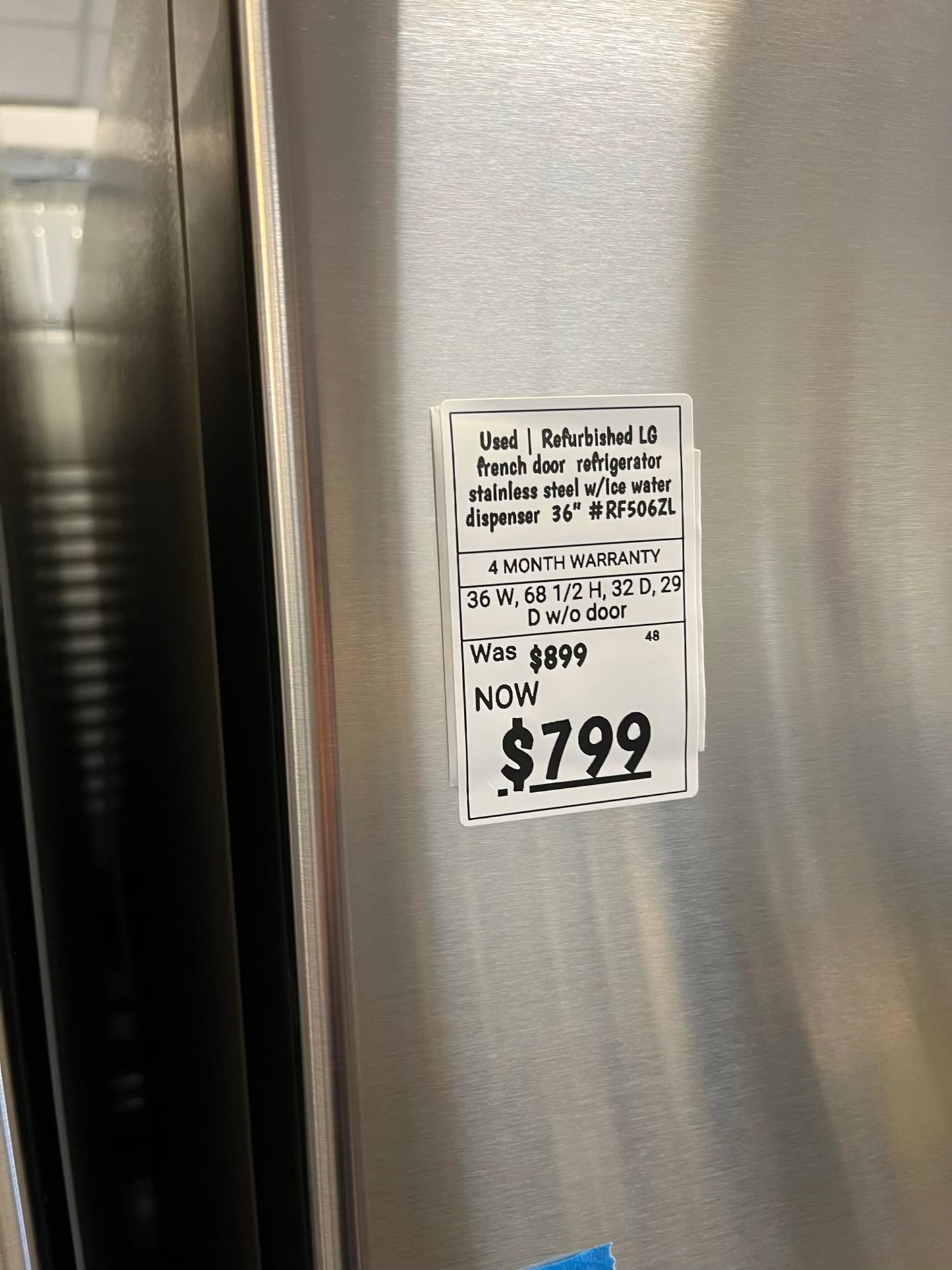 Used | Refurbished Le french door refrigerator stainless steel w/Ice water dispenser 36" # RF506ZL