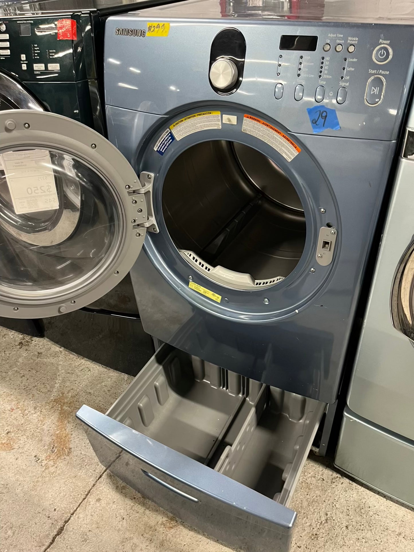 Samsung Dryer electric 220v in blue front load w/pedestal extra storage stainless steel drum large capacity 27" refurbished #ED347CB