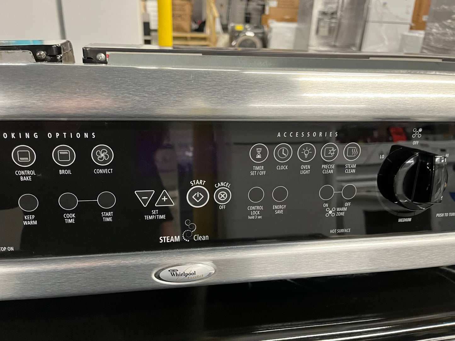 Whirlpool Glass top electric 220v range 5 burner warm zone convection bake broil steam clean stainless steel 30" Refurbished #ER748KB