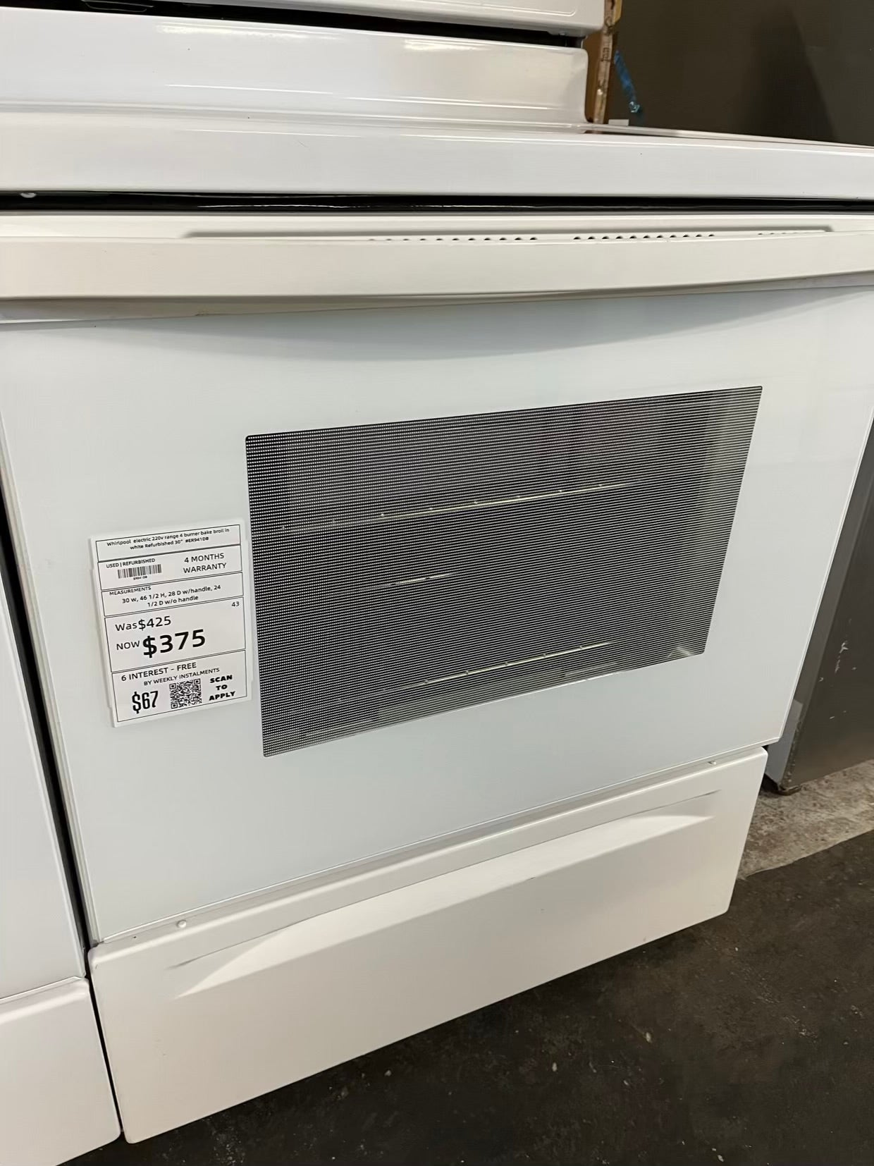 Whirlpool electric 220v range 4 burner bake broil in white Refurbished 30" #ER941DB
